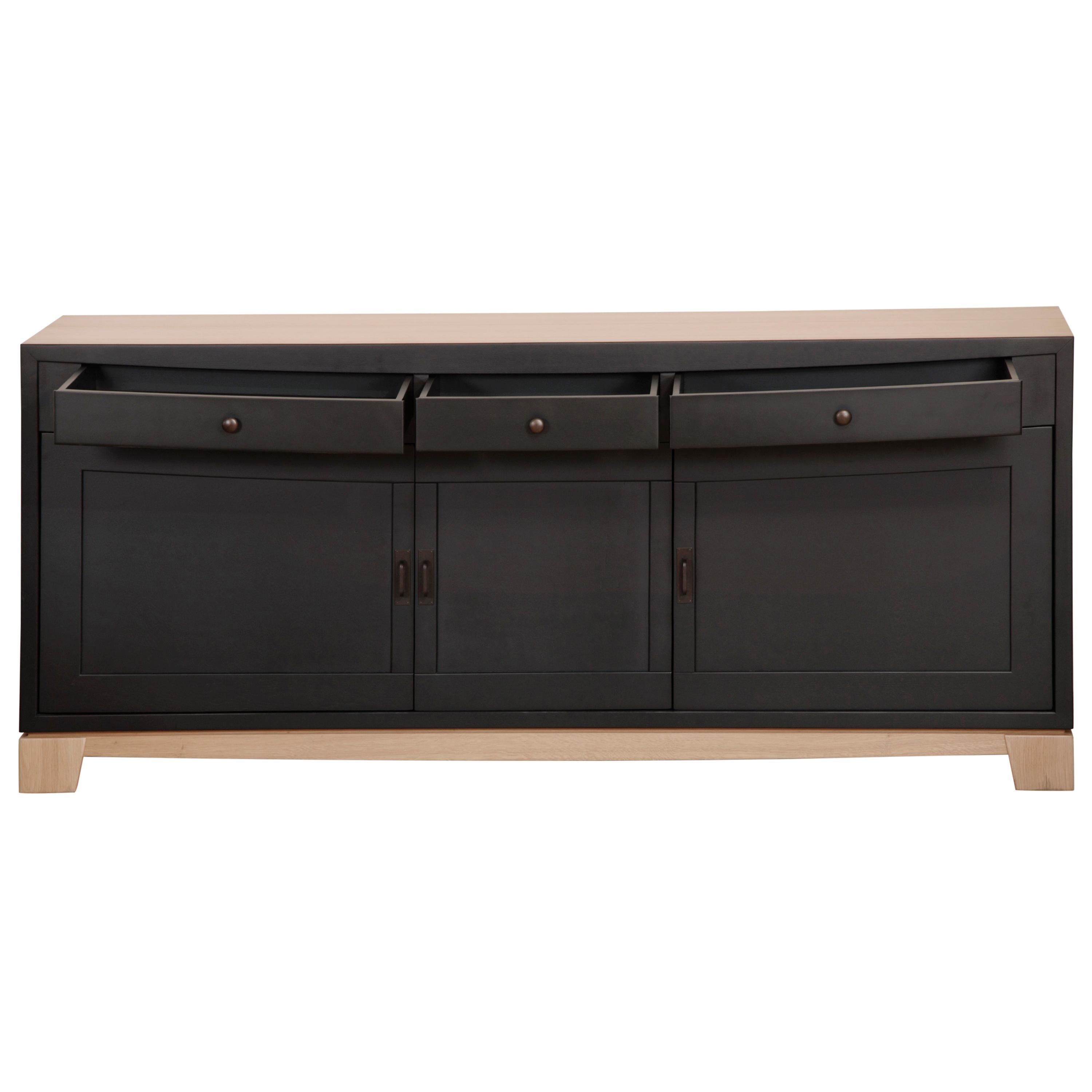 Wood 3 Doors Sideboard in Oak, Matt Black Lacquered Front and Inside, Made in France For Sale
