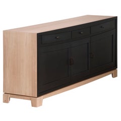 3 Doors Sideboard in Oak, Matt Black Lacquered Front and Inside, Made in France
