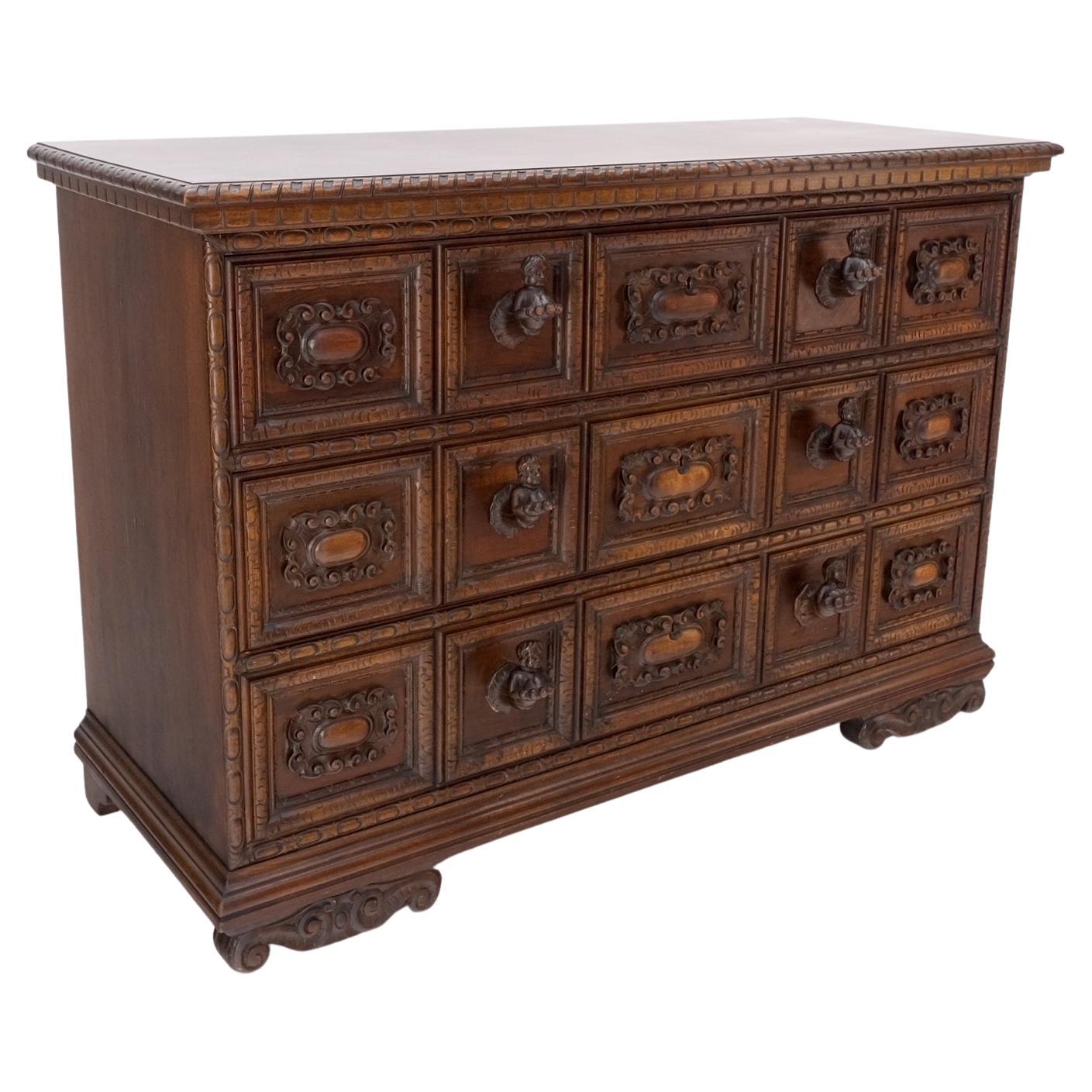 Jacobean Fusion 3 Dovetail drawers Heavily Carved Wooden Pulls Rope Edge Bachelor Chest Dresser.
 Unusual custom antique cabinet of superior quality.