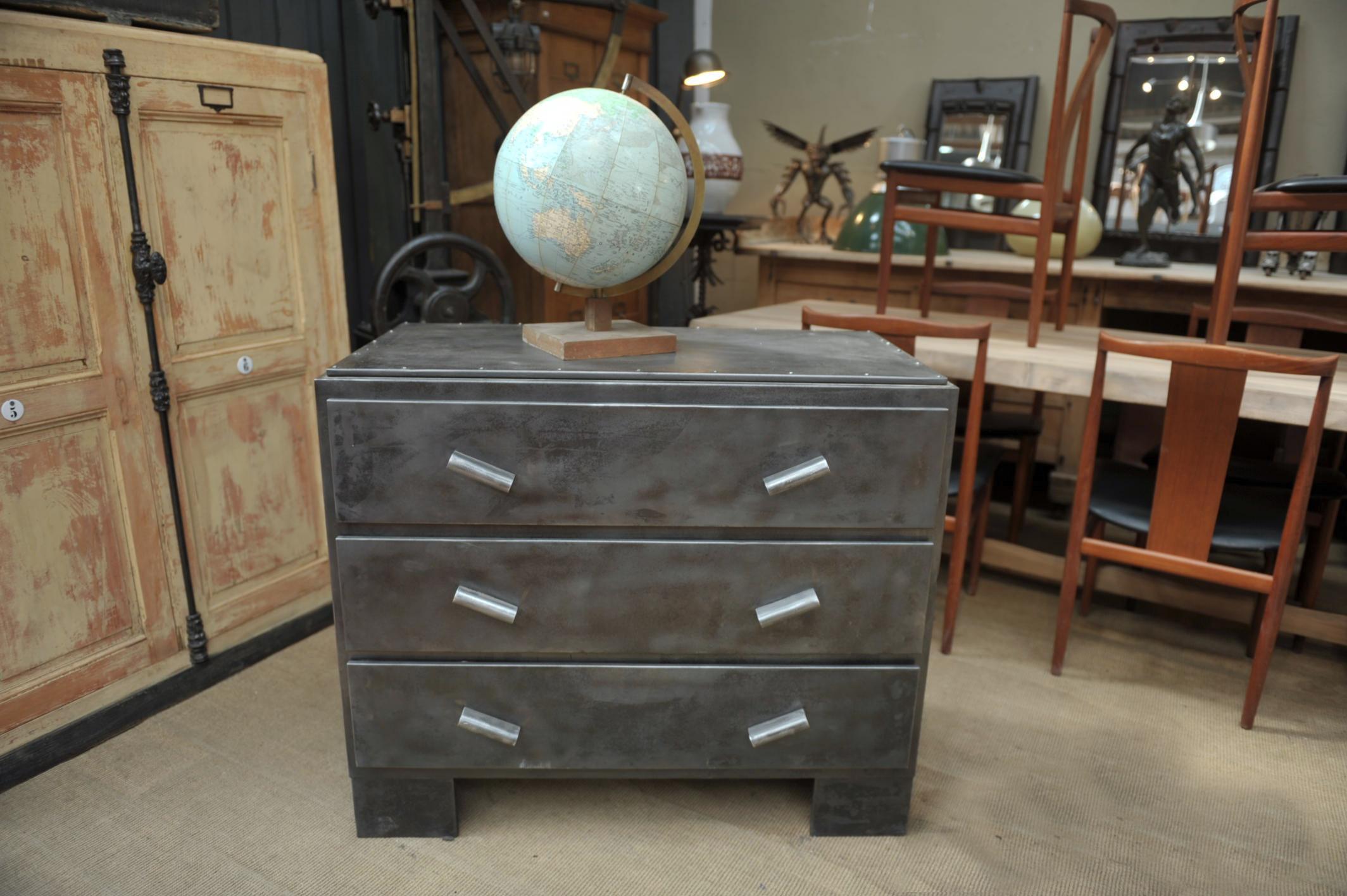 French 3 Drawer All Metal Chest of Drawer, France, circa 1950 For Sale