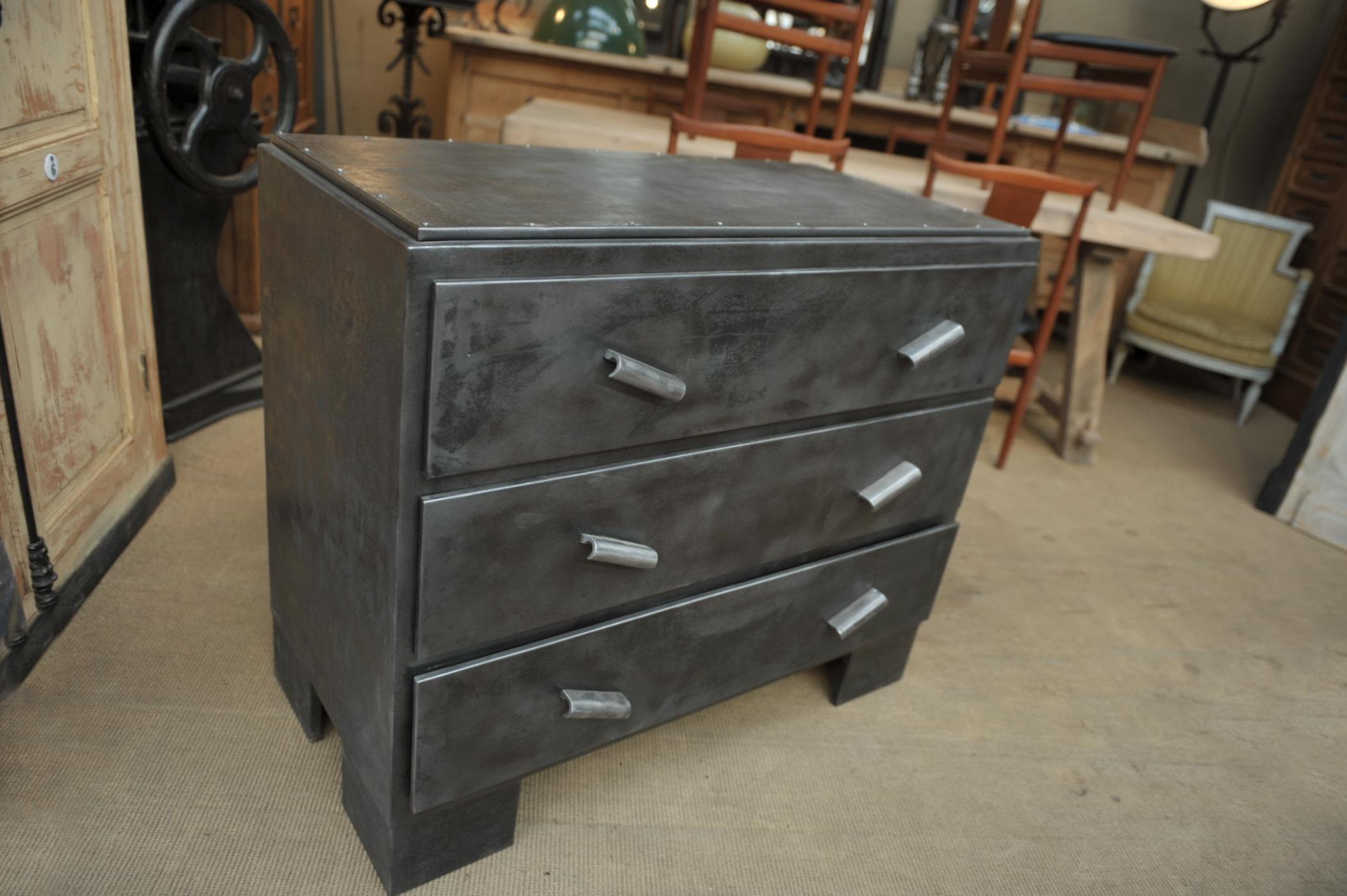 3 Drawer All Metal Chest of Drawer, France, circa 1950 For Sale 1