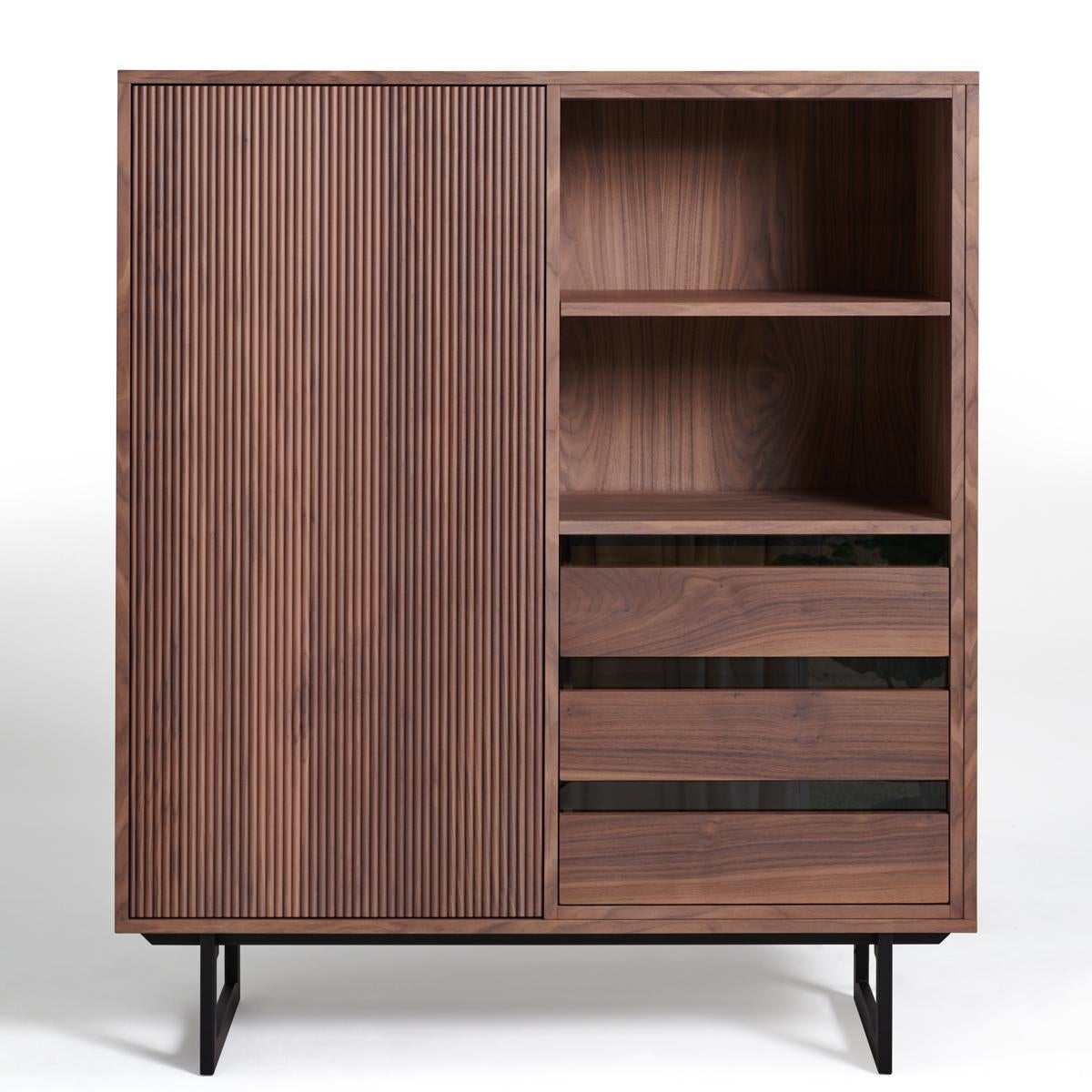 Woodwork French 3-drawer armoirette cupboard, walnut & black iron feet, design C. Lecomte For Sale