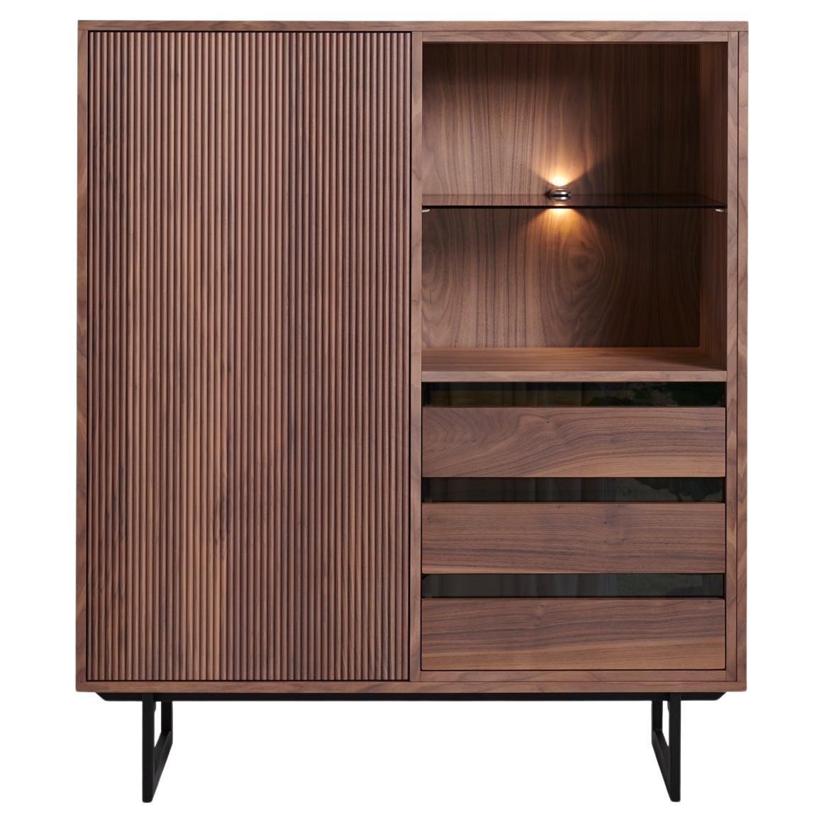 French 3-drawer armoirette cupboard, walnut & black iron feet, design C. Lecomte For Sale