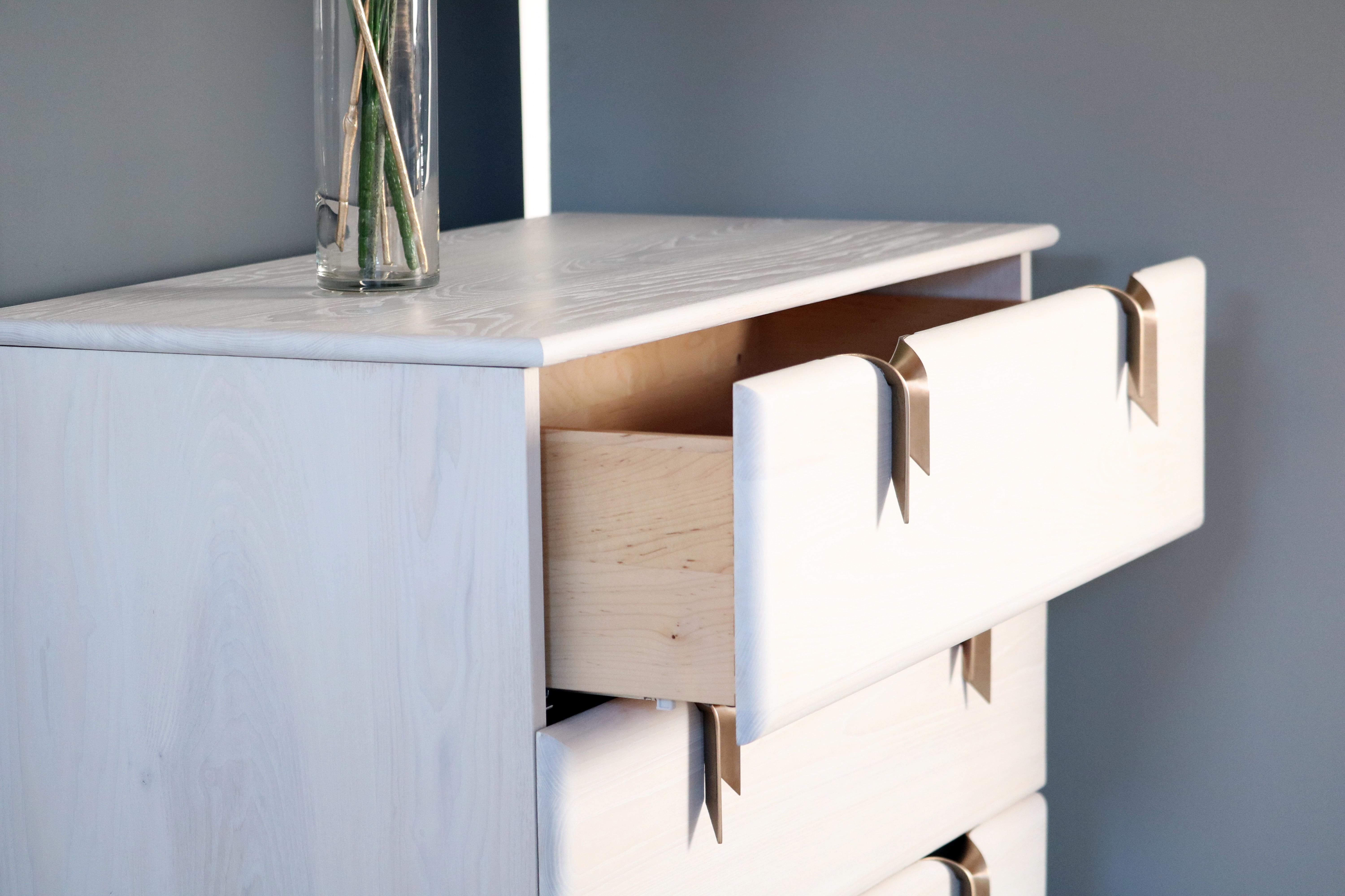 Contemporary 3 Drawer Ash Wood Dresser Ivory Stain with Bronze Ribbon Hardware by Debra Folz For Sale