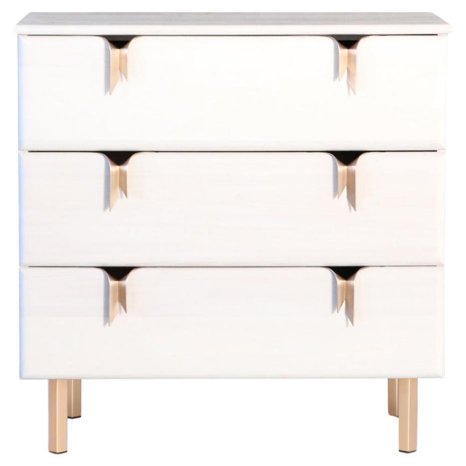 3 Drawer Ash Wood Dresser Ivory Stain with Bronze Ribbon Hardware by Debra Folz For Sale