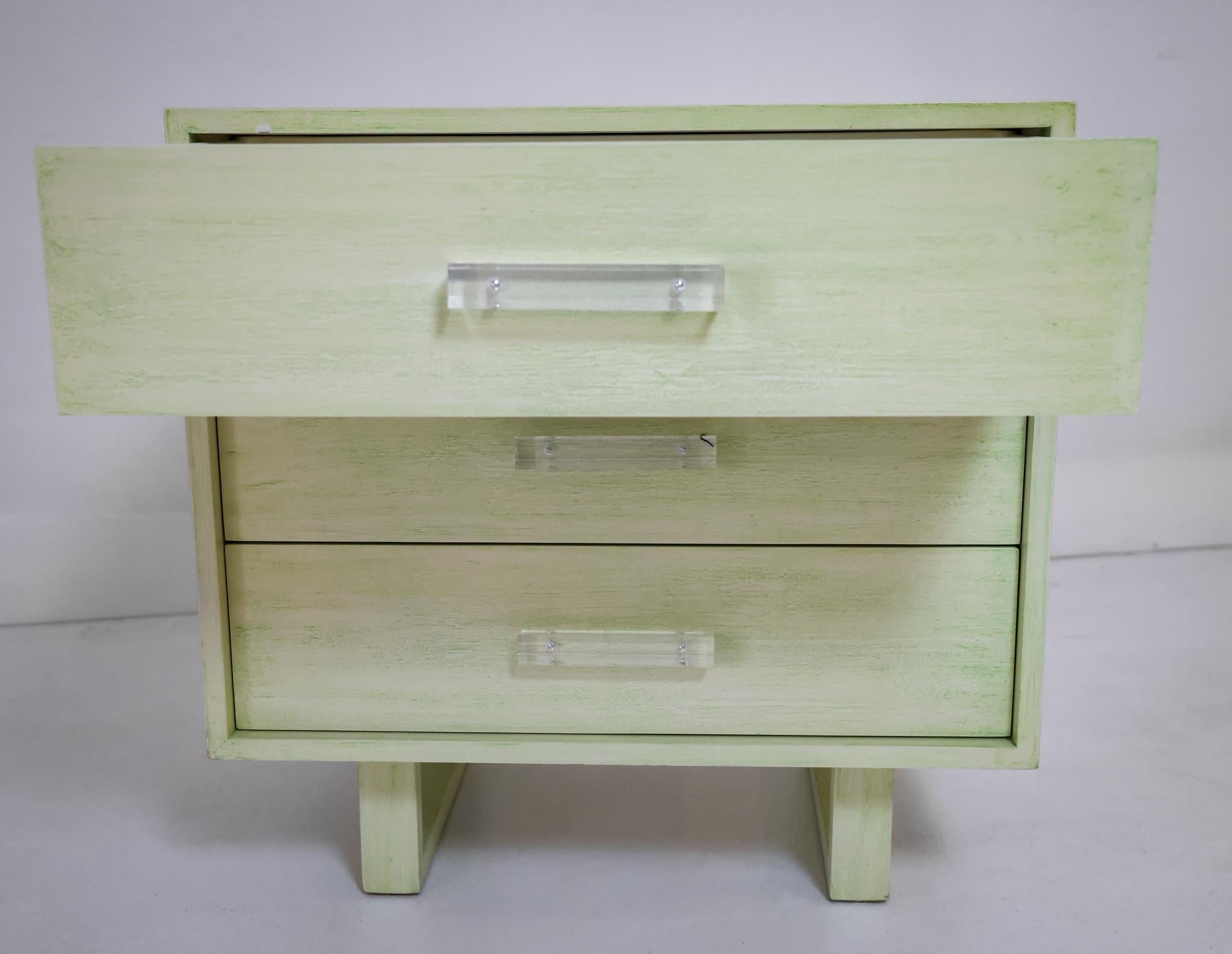Painted 3 Drawer Chest on Runners with Lucite Handles by William Haines Inc
