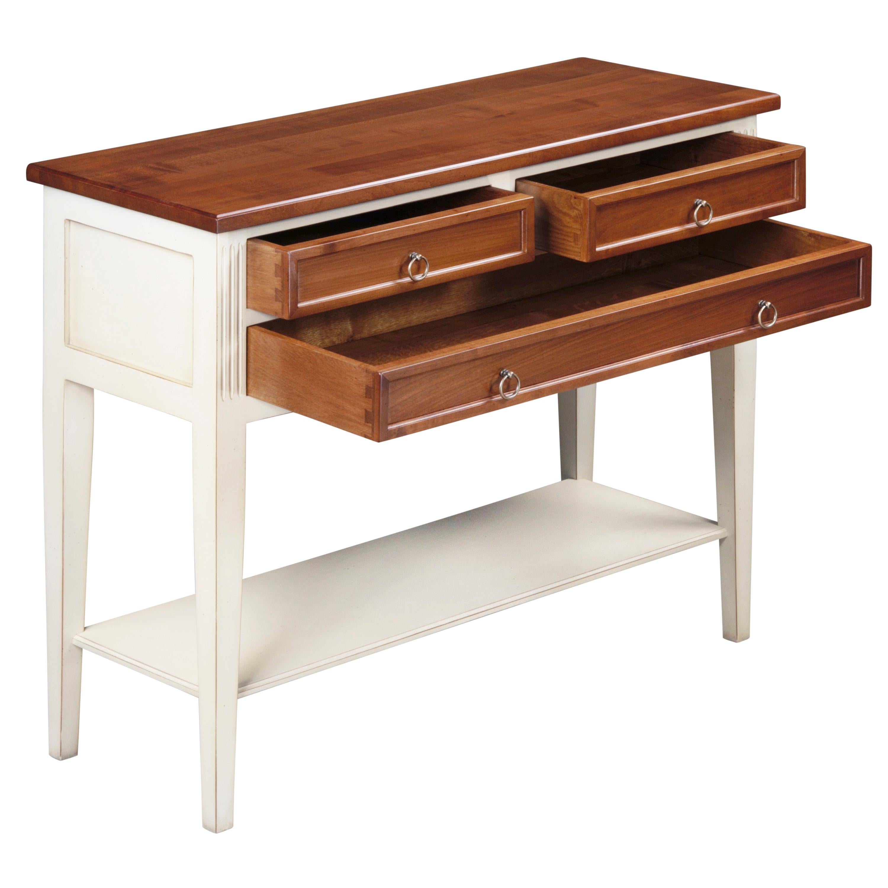 Fait main Table console à 3 tiroirs, style Directoire, laquée cerisier et crème blanche en vente