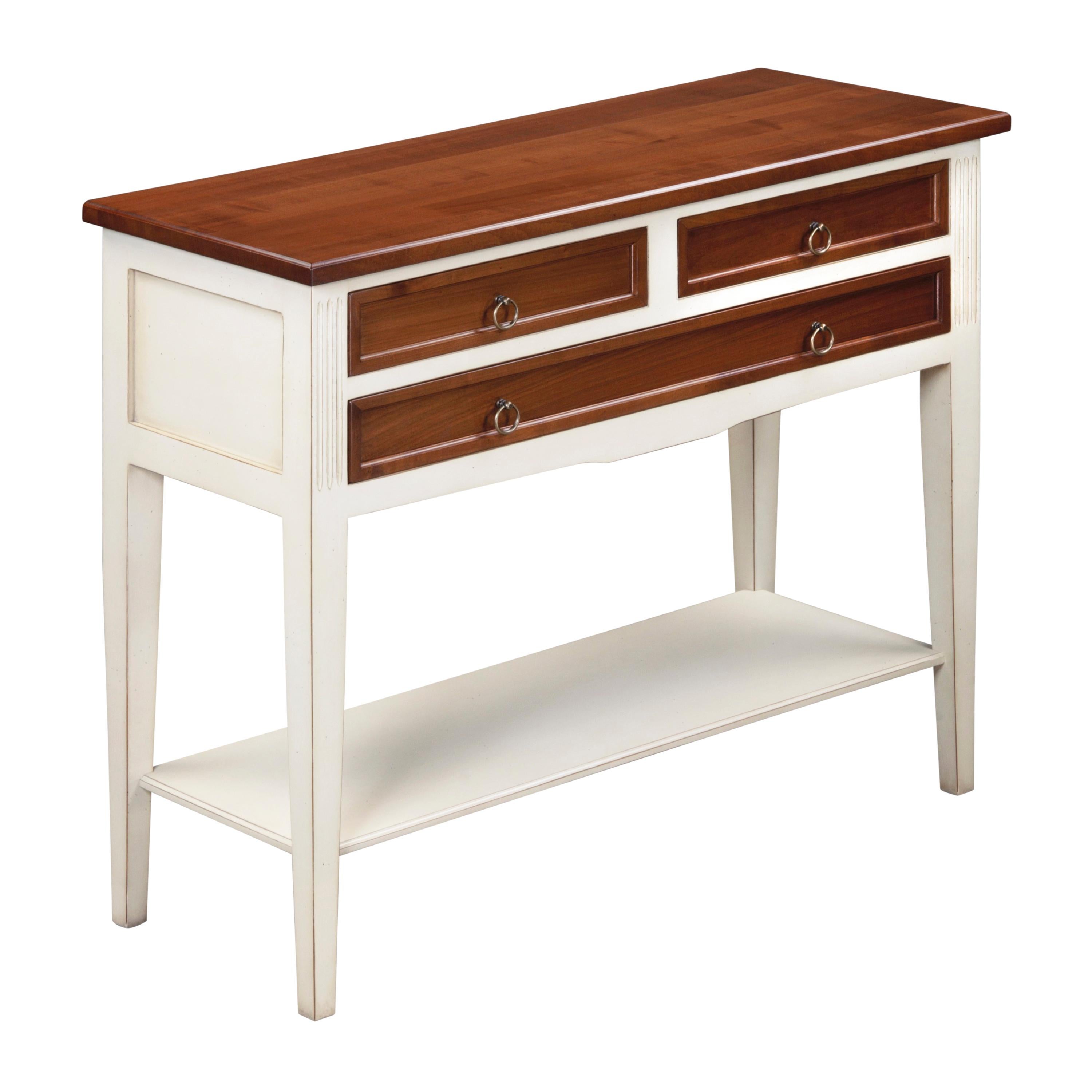 Table console à 3 tiroirs, style Directoire, laquée cerisier et crème blanche Neuf - En vente à Landivy, FR