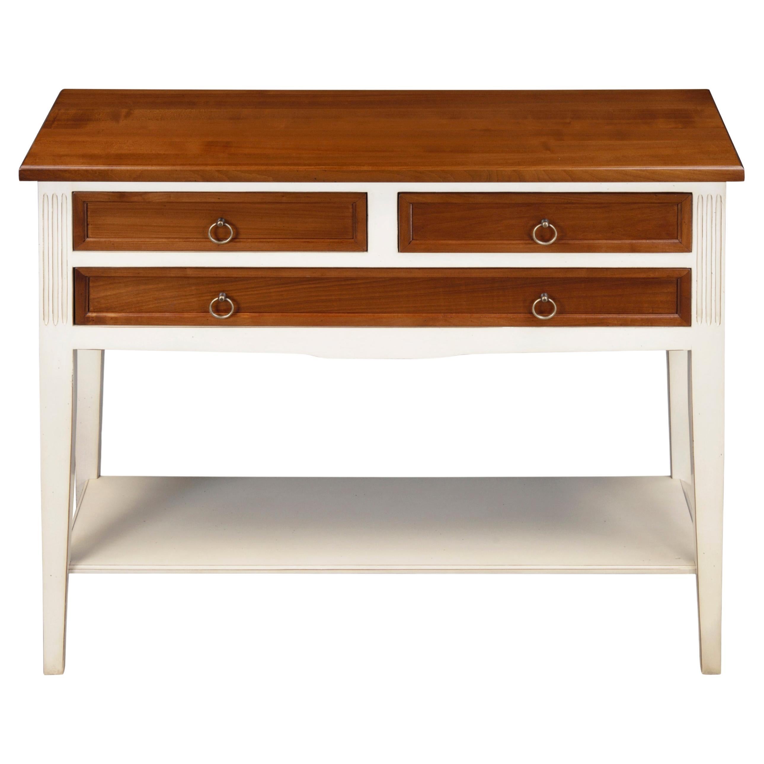 Konsolentisch mit 3 Schubladen im Directoire-Stil, Kirschbaumholz und weiß lackiert im Angebot