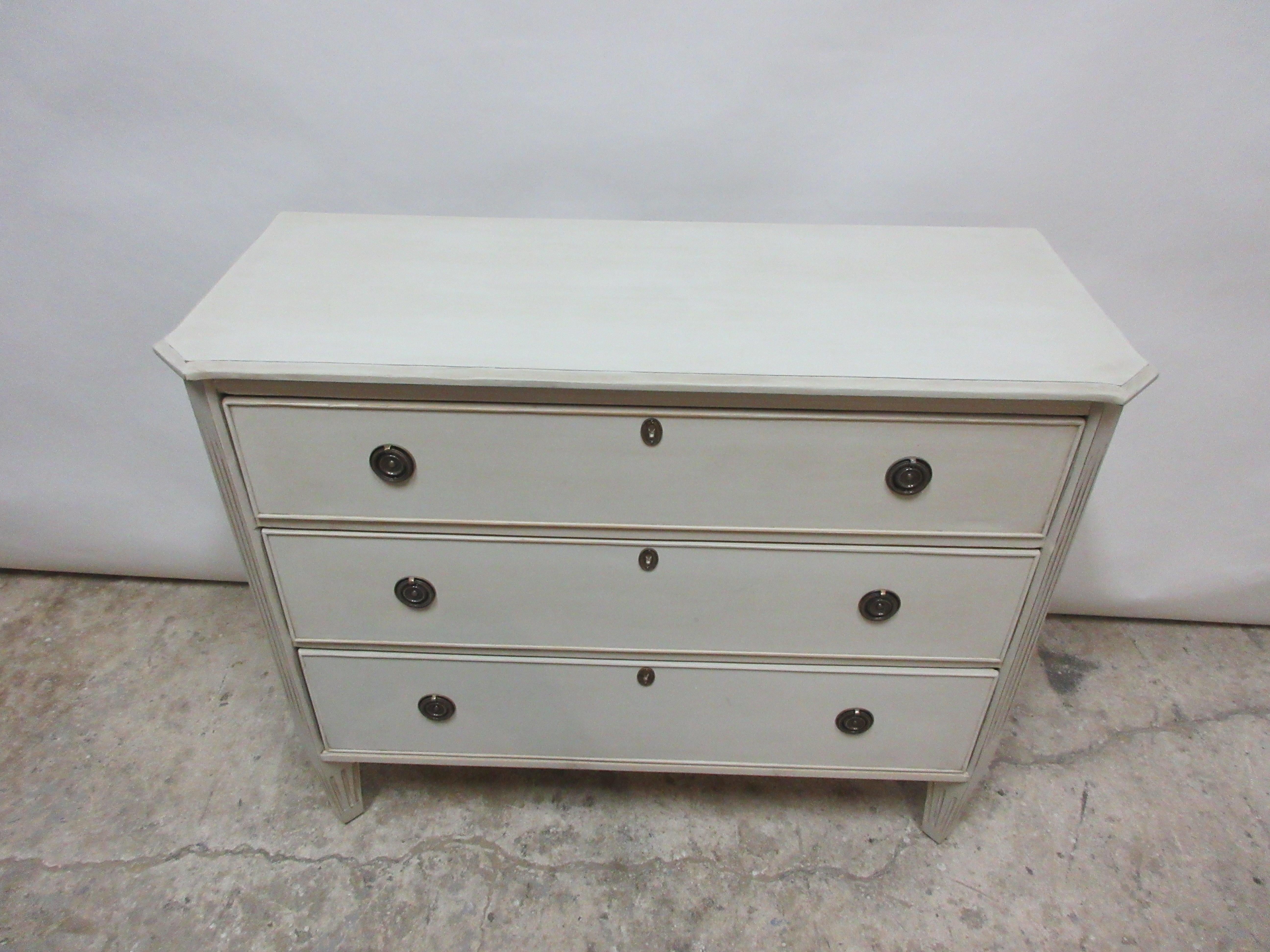 This is a 3 drawer Gustavian style chest, it has been restored and repainted with Milk Paints 