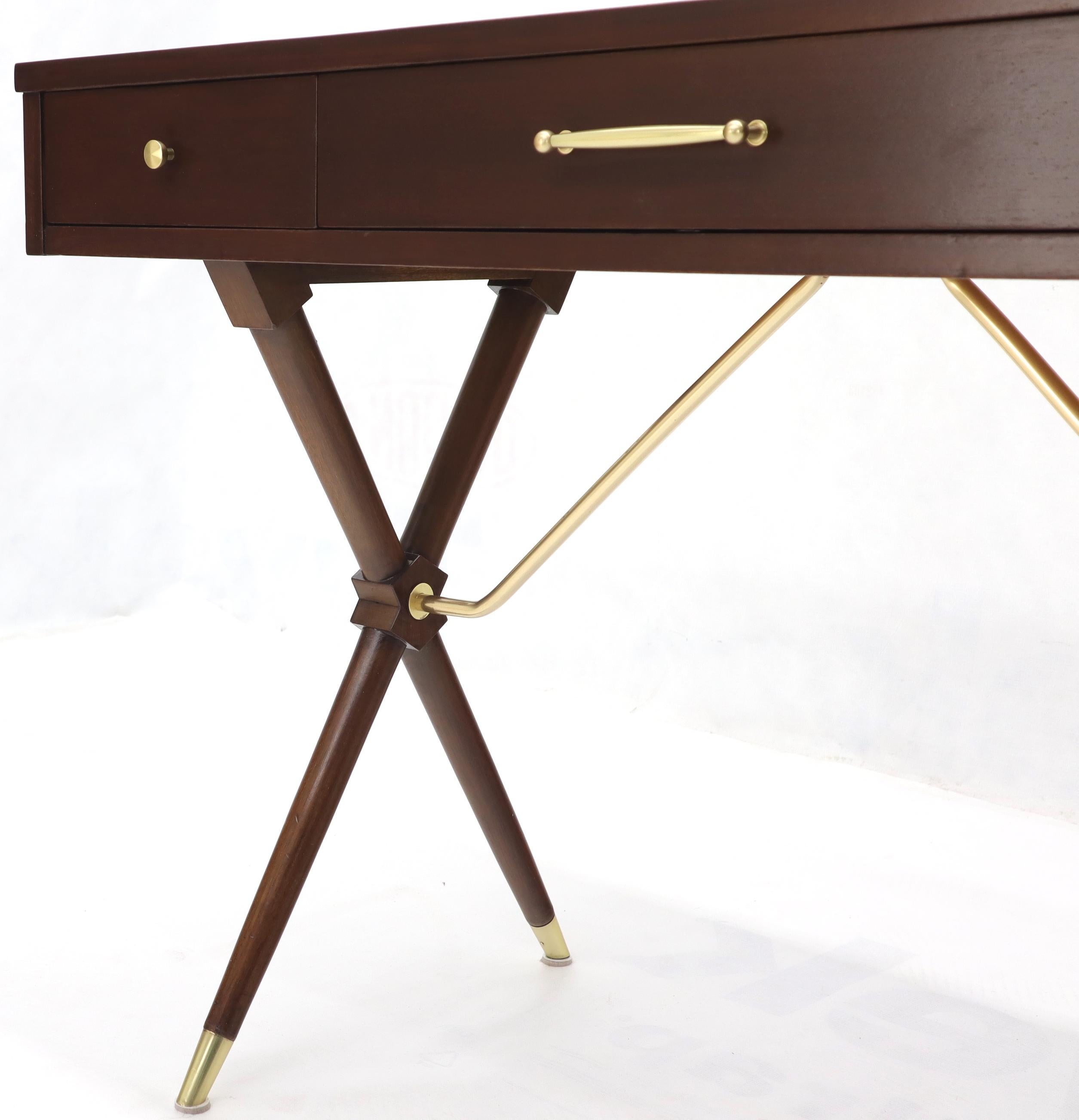 20th Century 3-Drawer Low Profile Console Writing Table Hall Desk on X Bases Brass Stretcher