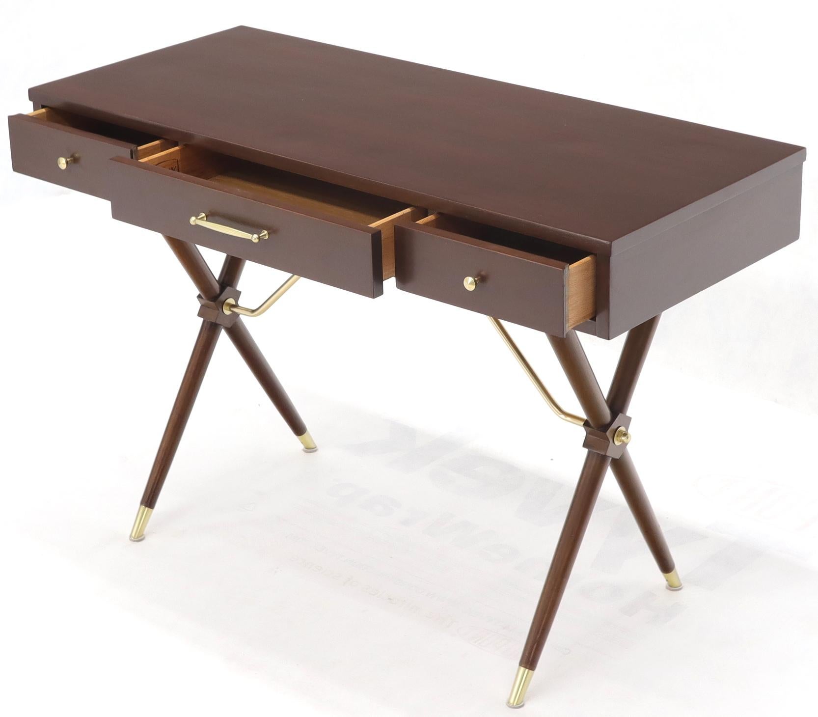 Walnut 3-Drawer Low Profile Console Writing Table Hall Desk on X Bases Brass Stretcher