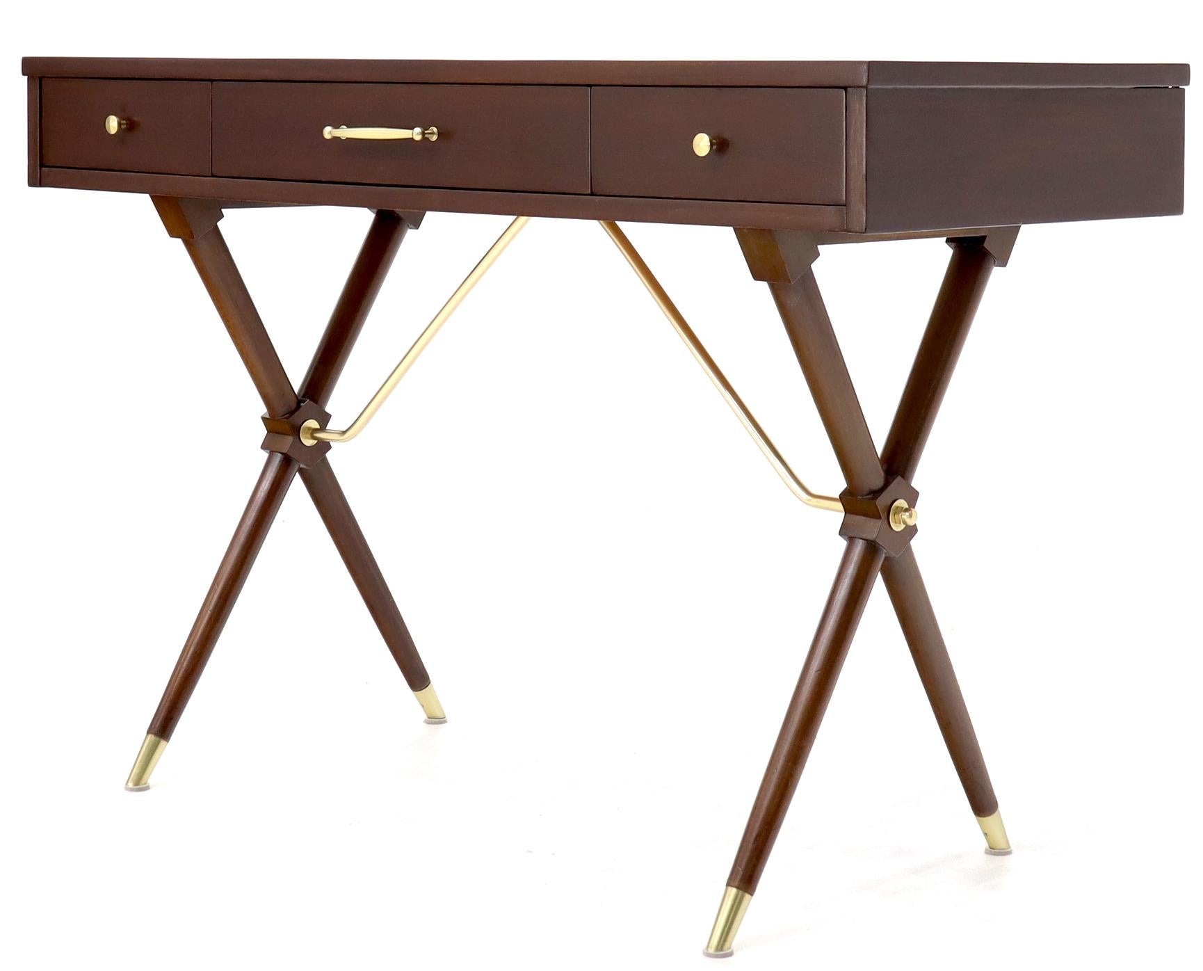 Mid-Century Modern espresso finish low profile desk writing table on X bases with solid brass stretchers. Paul McCobb Parzinger decor match.