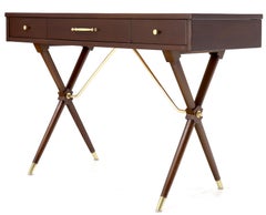 3-Drawer Low Profile Console Writing Table Hall Desk on X Bases Brass Stretcher