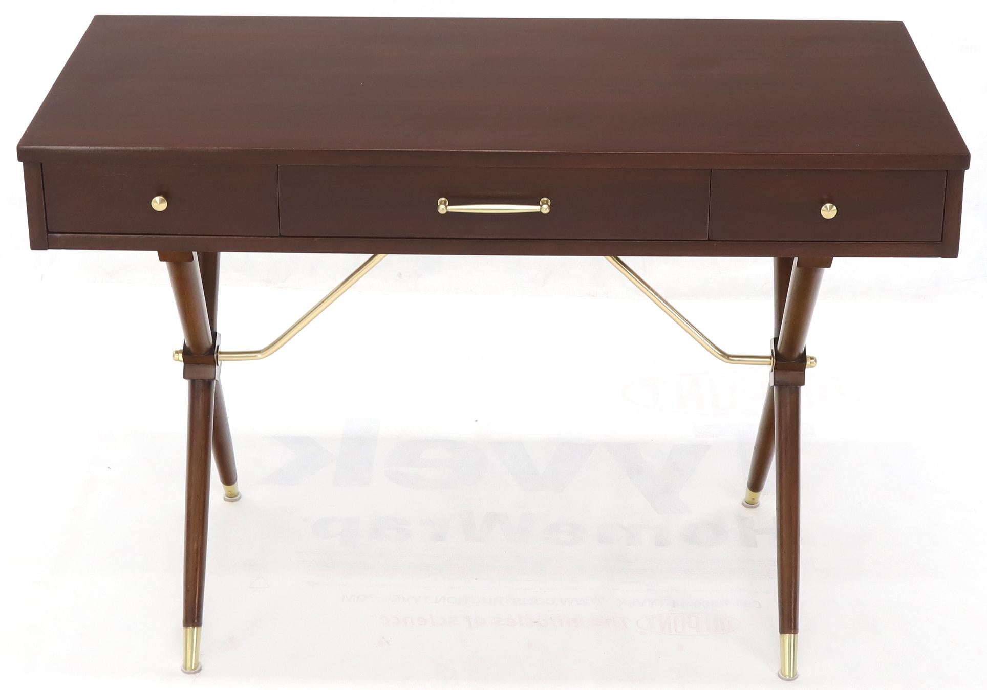 Mid-Century Modern 3-Drawer Low Profile Console Writing Table Hall Desk on X Bases Brass Stretcher