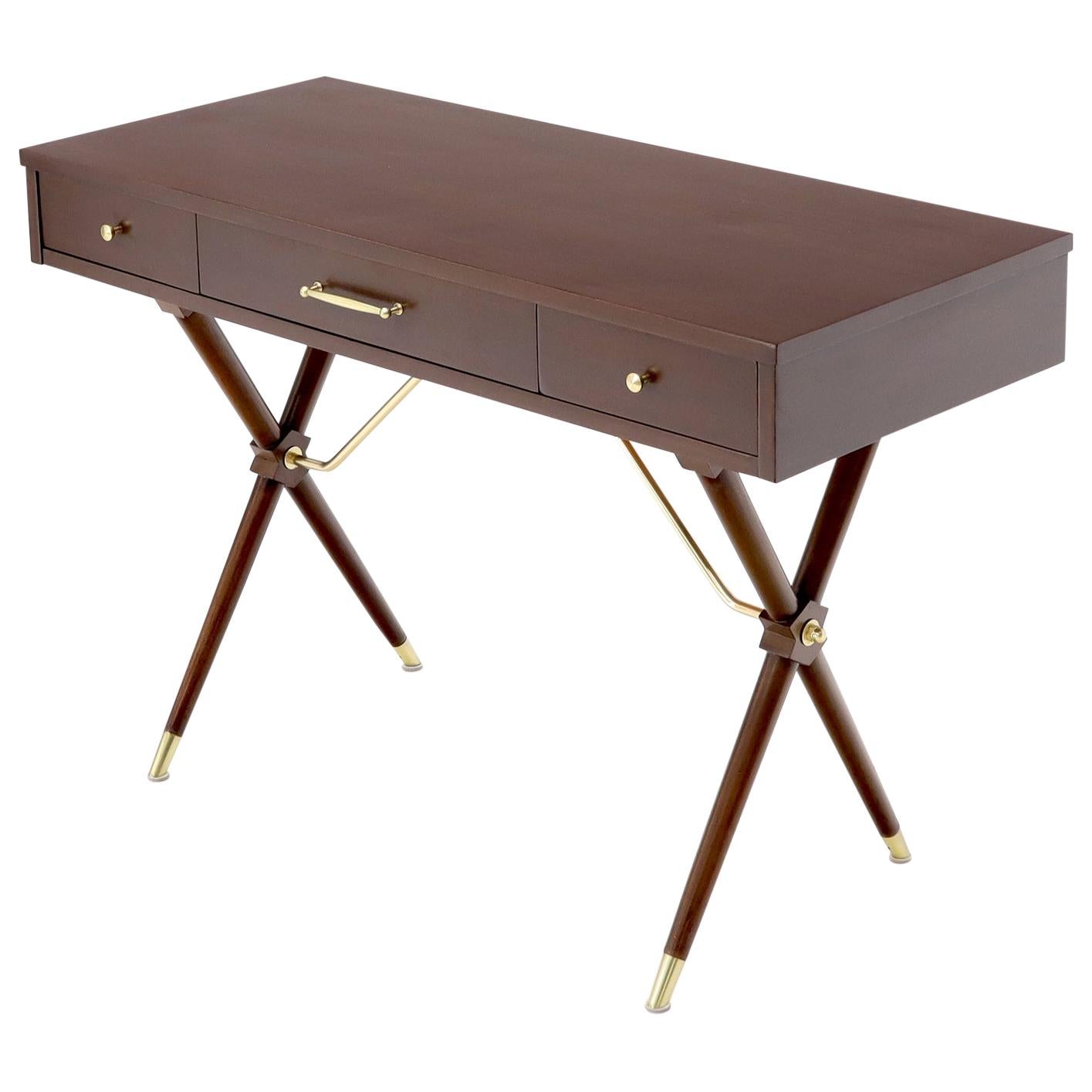 3-Drawer Low Profile Console Writing Table Hall Desk on X Bases Brass Stretcher