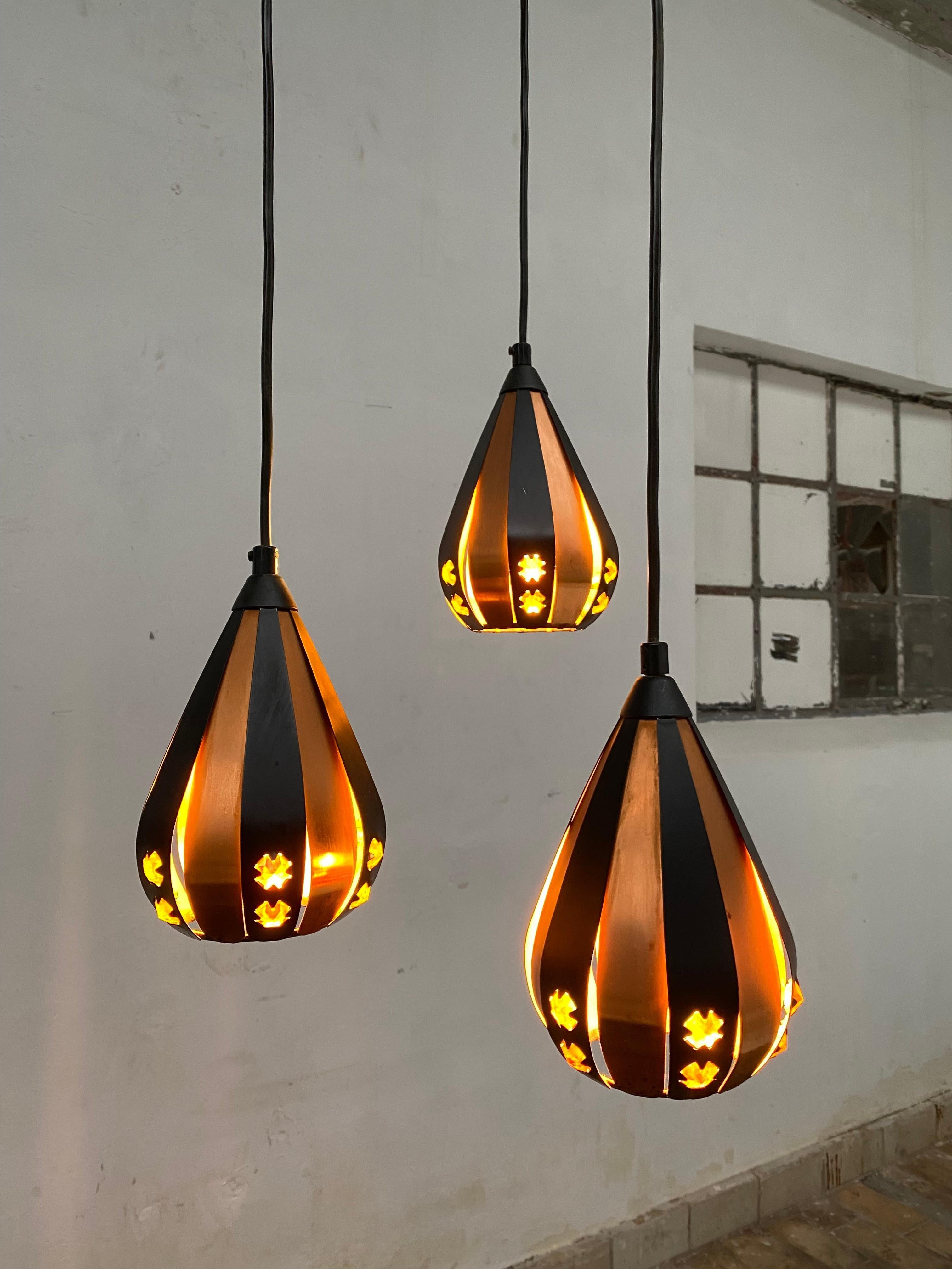 Metal 3 Droplet Pendant Chandelier by Werner Schou for Coronell Electrical Denmark  For Sale