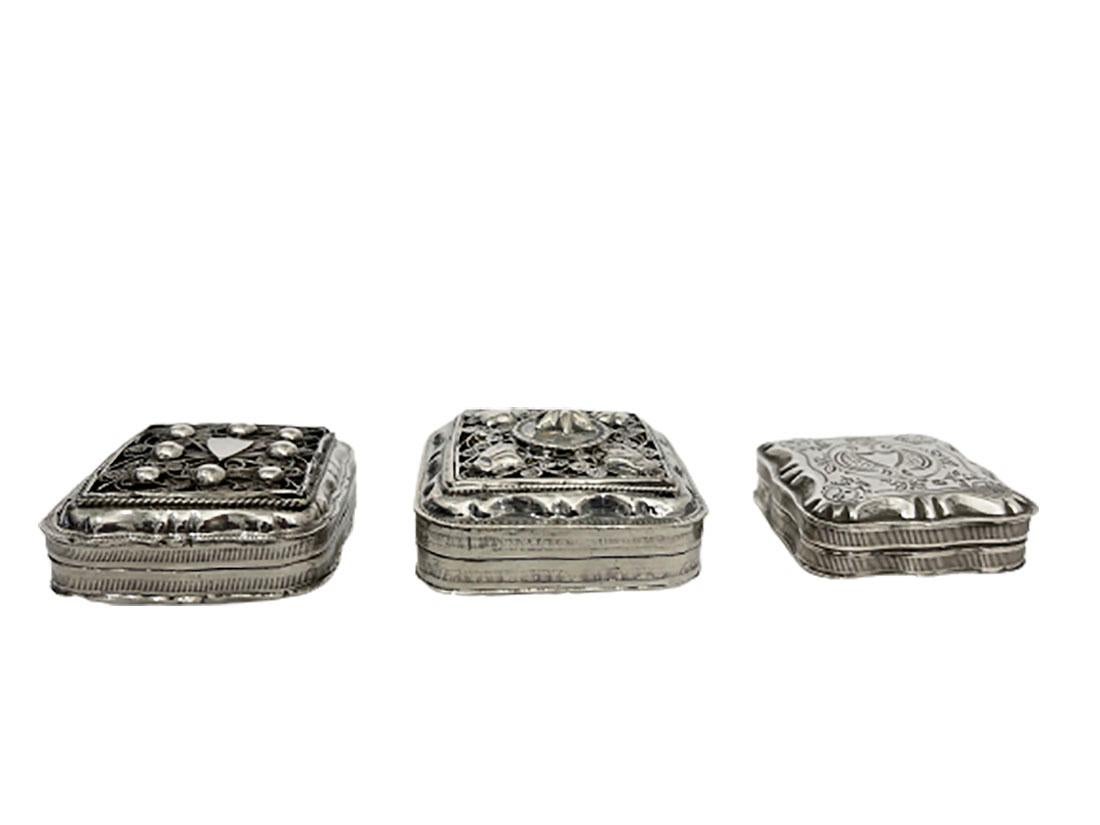 3 Dutch silver peppermint boxes 

2 boxes from the 19th century, around 1860-1870 and the 3rd box was made by J. Niekerk around 1998. 
All are 835/1000 purity of silver ( marked with Dutch hall mark Lion 2 and Lion II)
The 2 boxes of the 19th