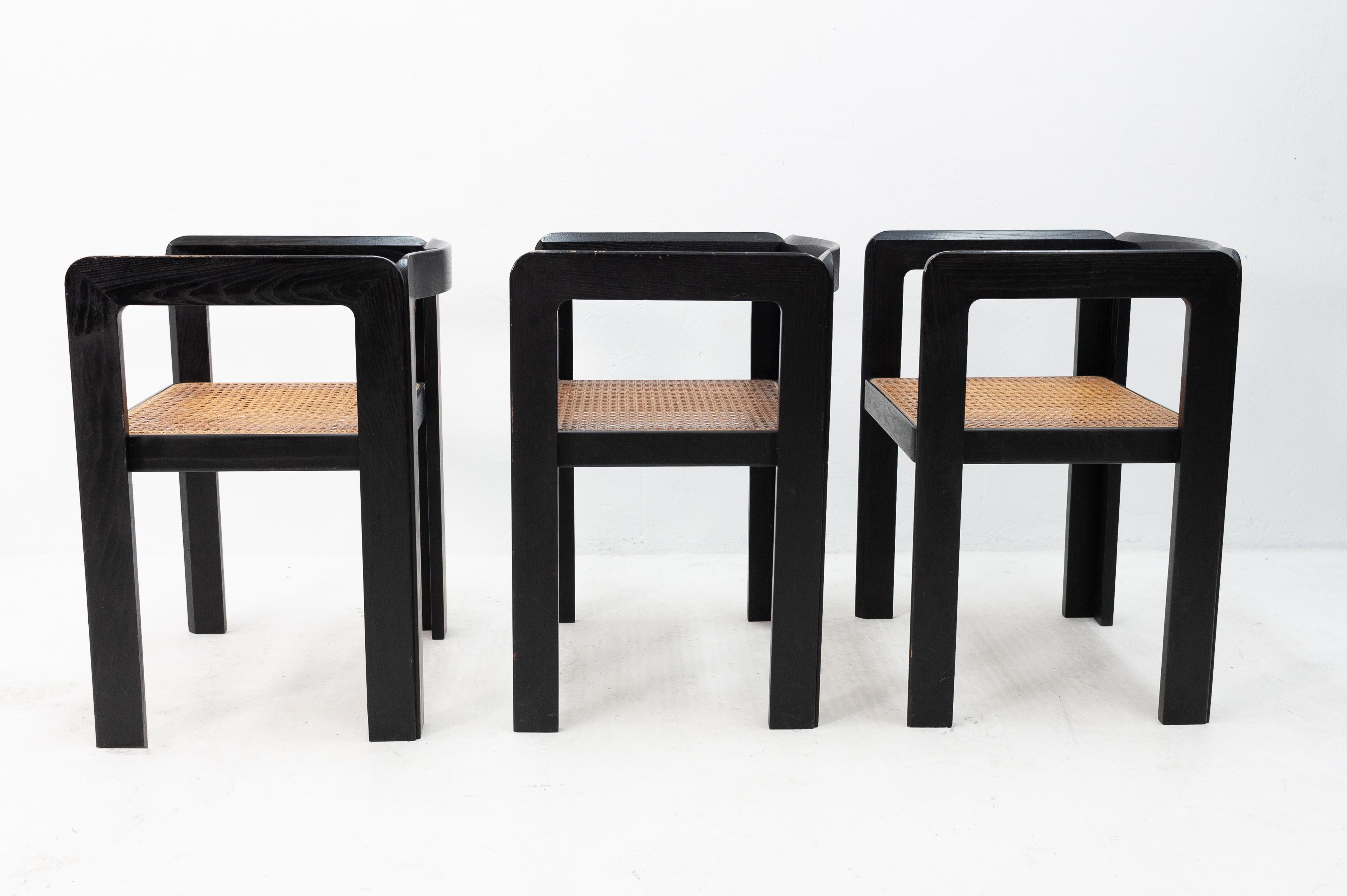 Late 20th Century 3 Ebonized Wood and Rattan Club Chairs