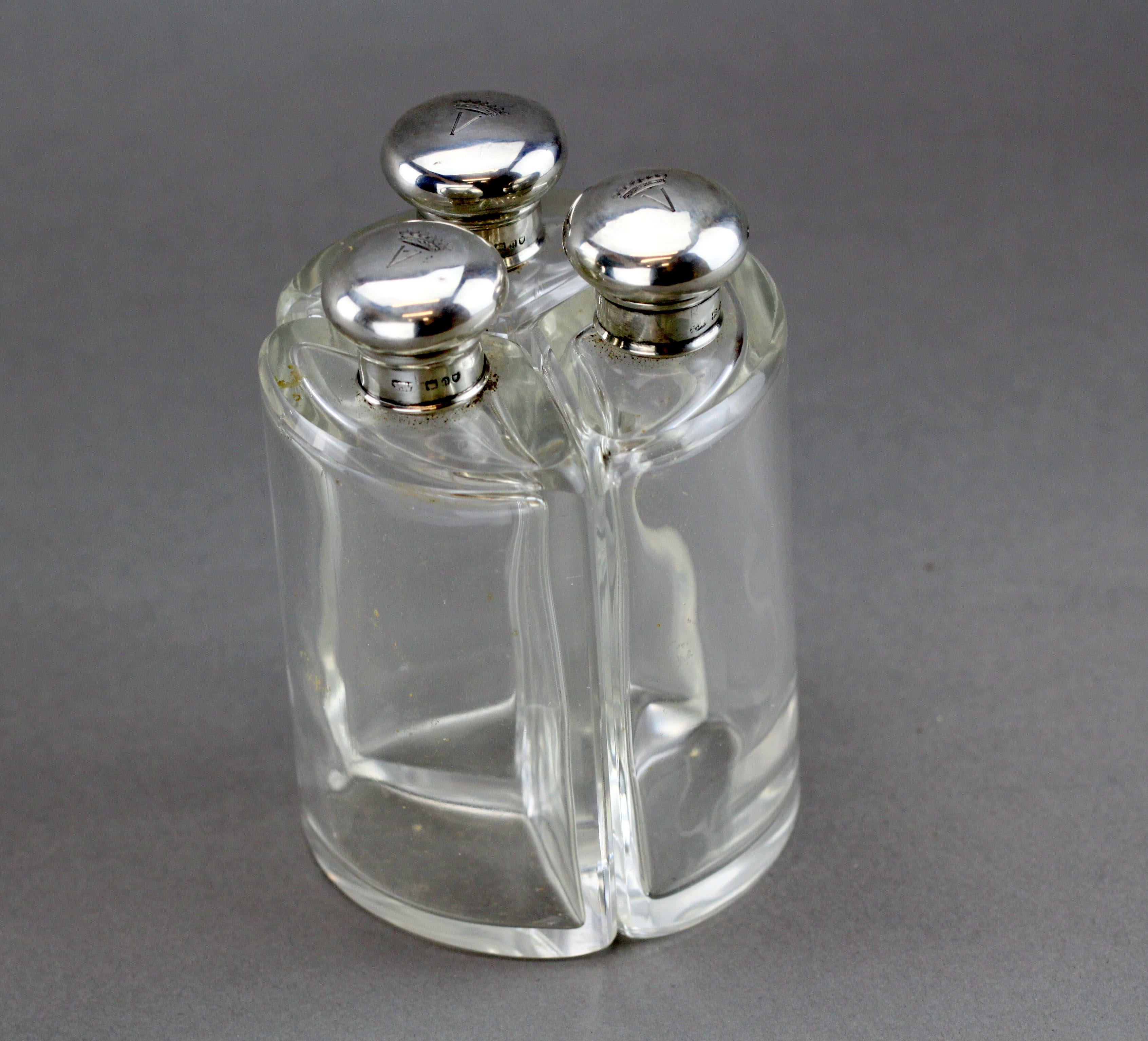 3 Edwardian Sterling Silver and Glass Perfume Bottles, Percy Whitehouse, 1909 In Good Condition In Braintree, GB