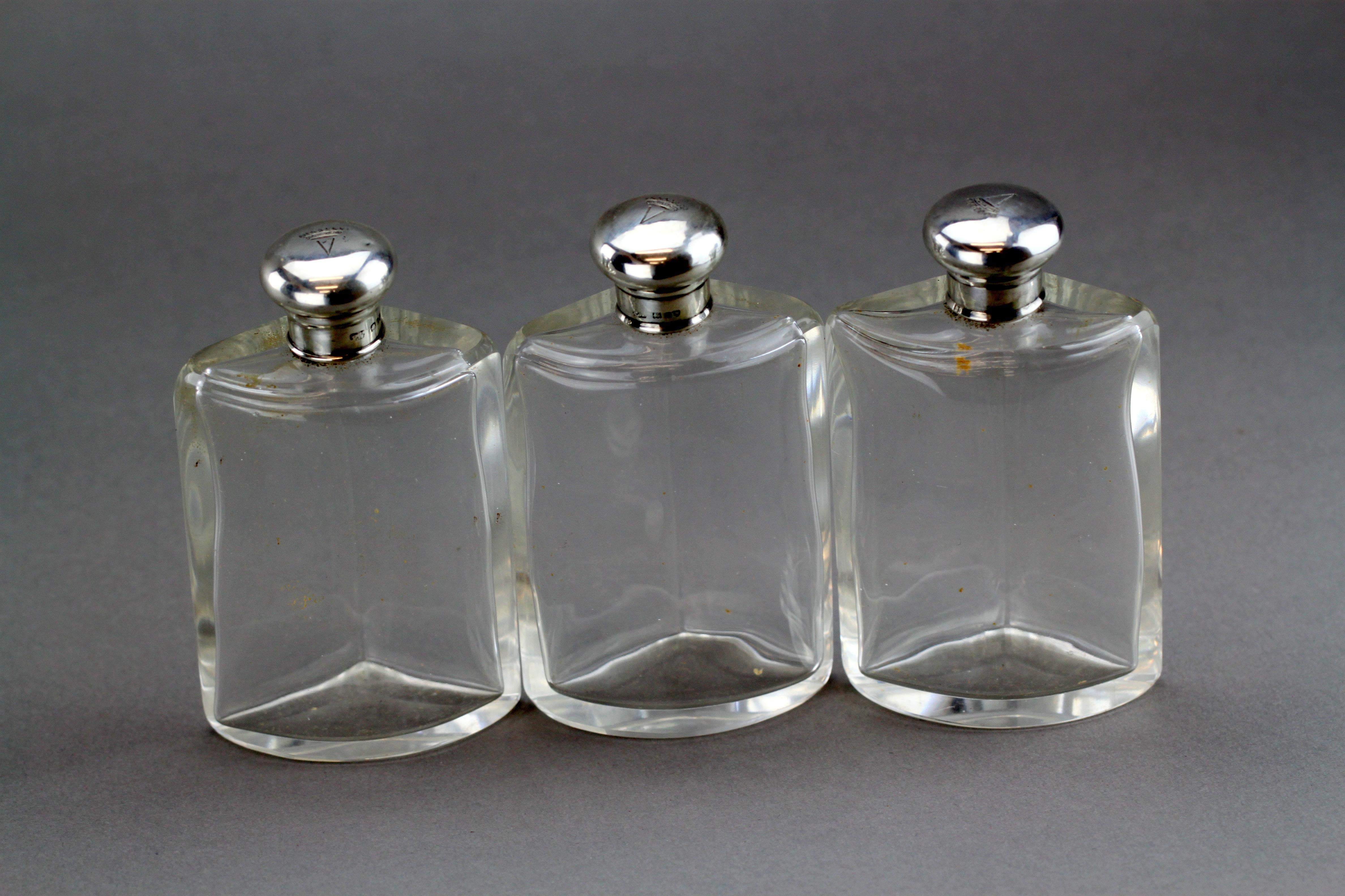 Early 20th Century 3 Edwardian Sterling Silver and Glass Perfume Bottles, Percy Whitehouse, 1909