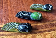 3 Egyptian Revival Marbled Bakelite Winged Scarab Insect Dress Clip Brooch Deco