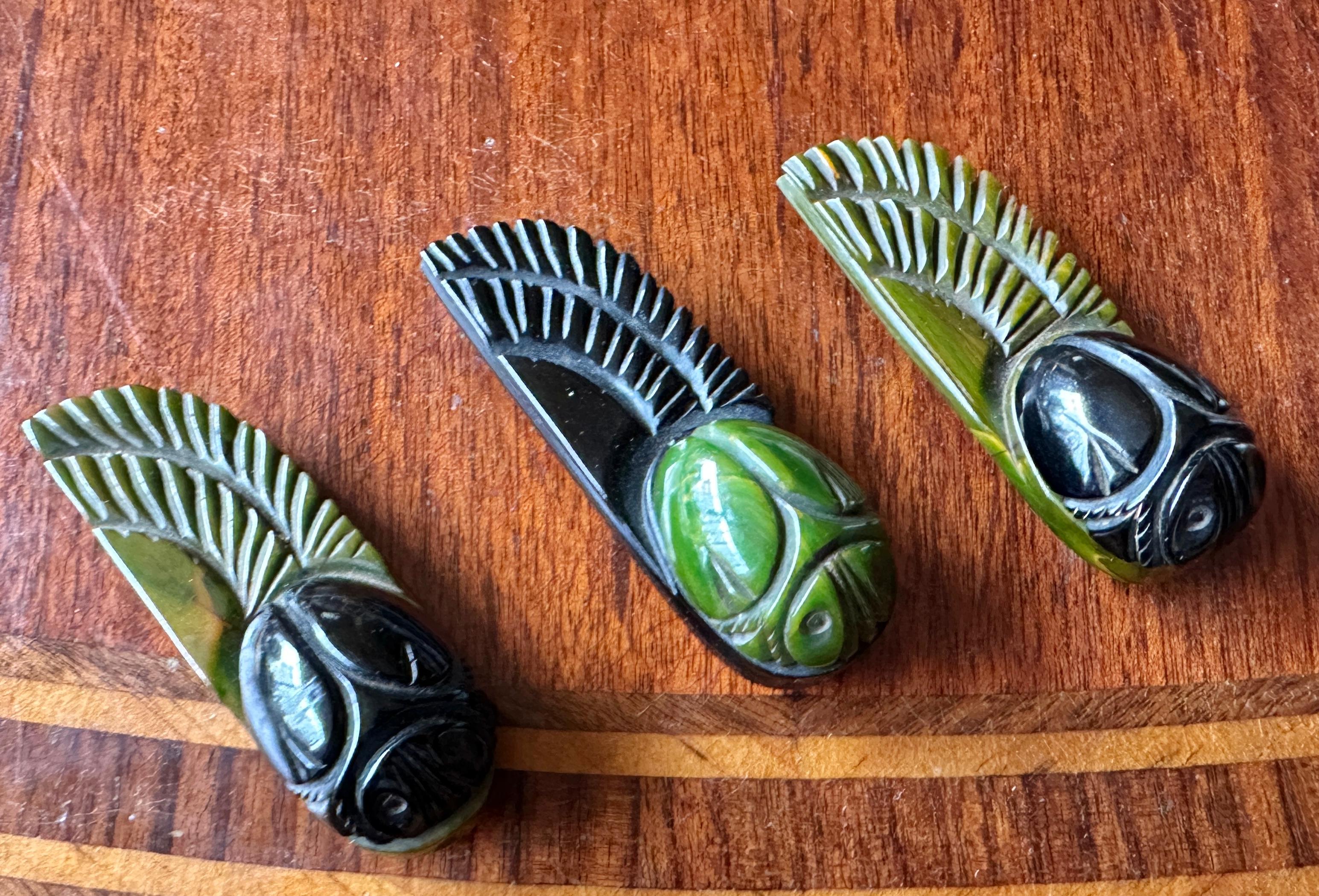 Women's or Men's 3 Egyptian Revival Marbled Bakelite Winged Scarab Insect Dress Clip Brooch Deco For Sale