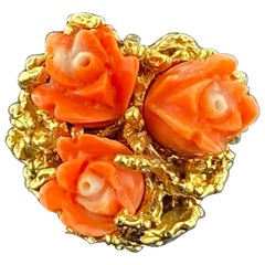 3 Elegant Coral Roses Set in Yellow Gold
