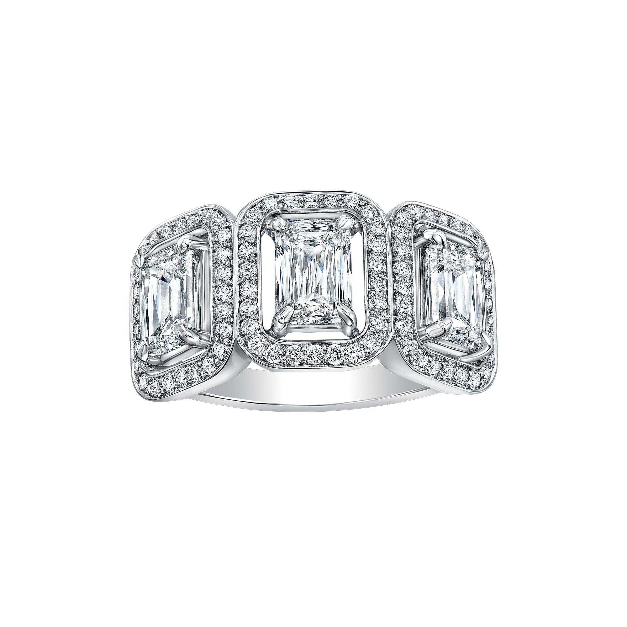 Shape and Cutting Style - Round Cornered Rectangular Modified Brilliant
3 stones 2.33 carat total weight  
Platinum pave 
Color  I  Clarity VS1 - VS2   
Ring Size 6.5
