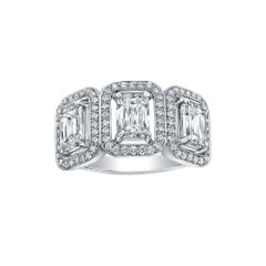 3 Emerald Cut Diamonds with Single Halo Pavé Ring