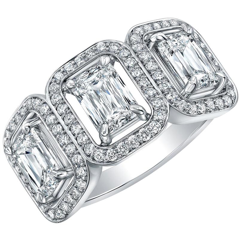 3 Emerald Cut Diamonds with Single Halo Pavé Ring