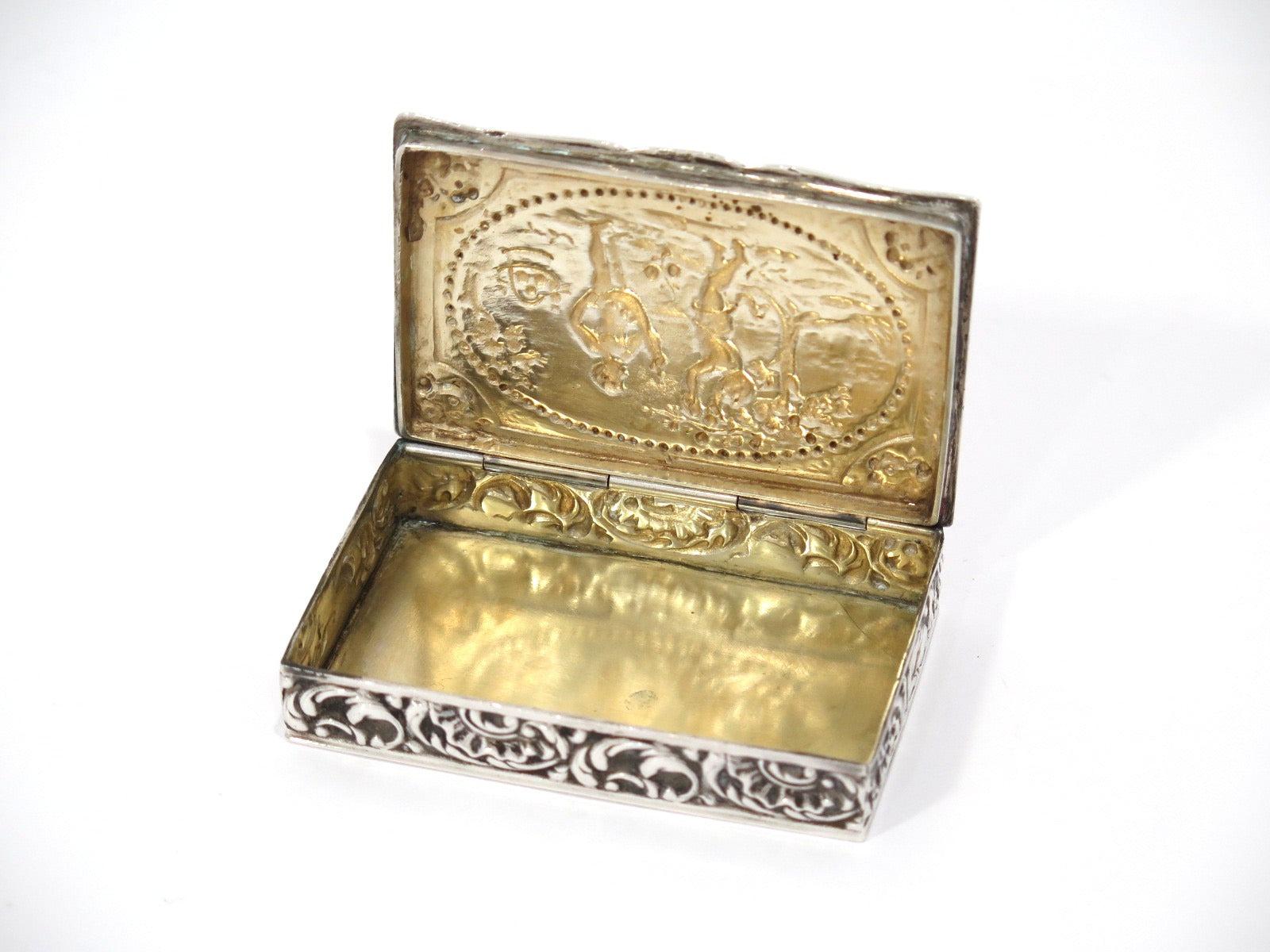 20th Century European Silver Gilt Inside Antique Continental Apple Picking Scene Snuff Box