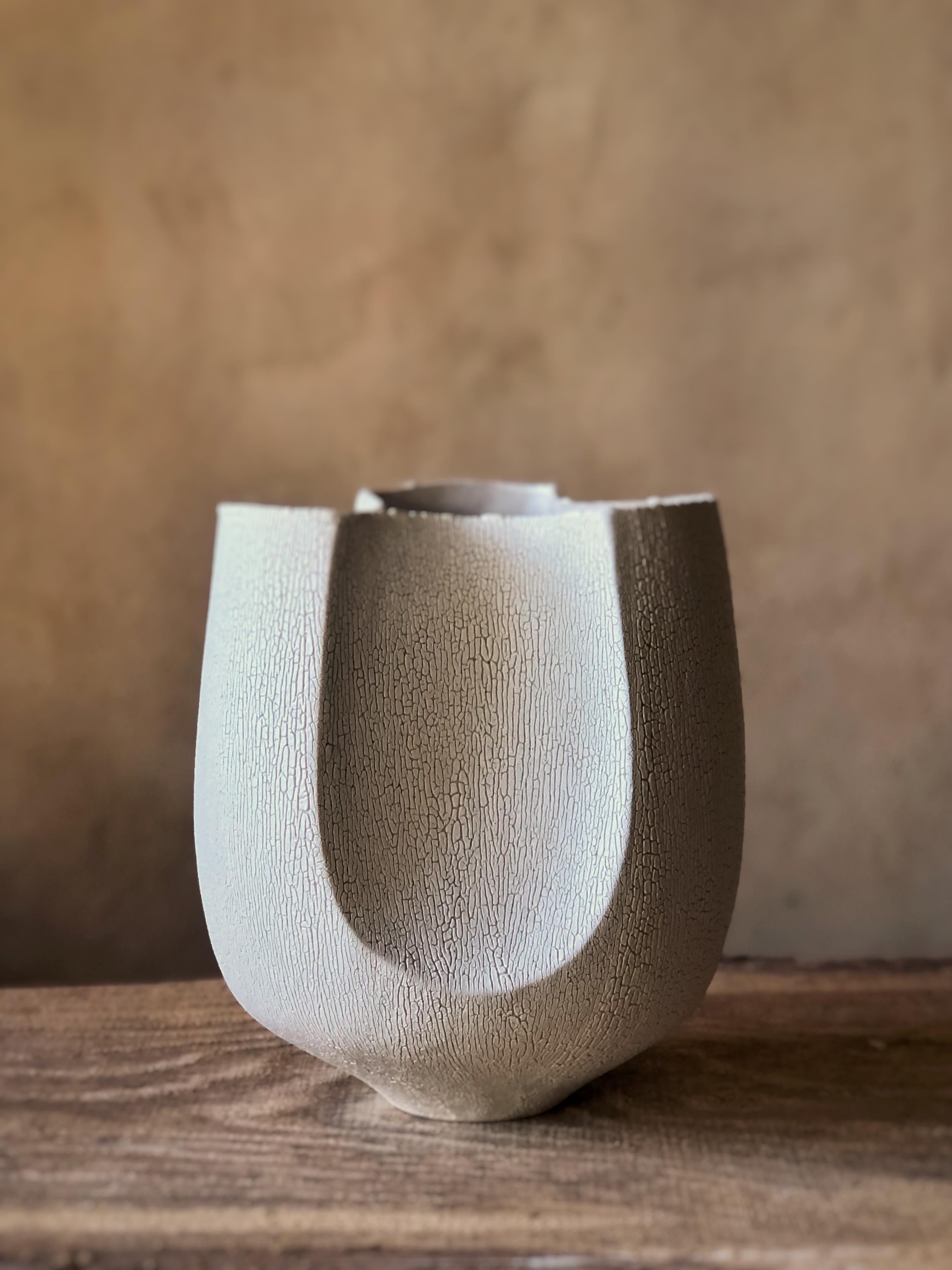 Other 3 Facetted Vase With White Crackle Glaze by Sophie Vaidie For Sale
