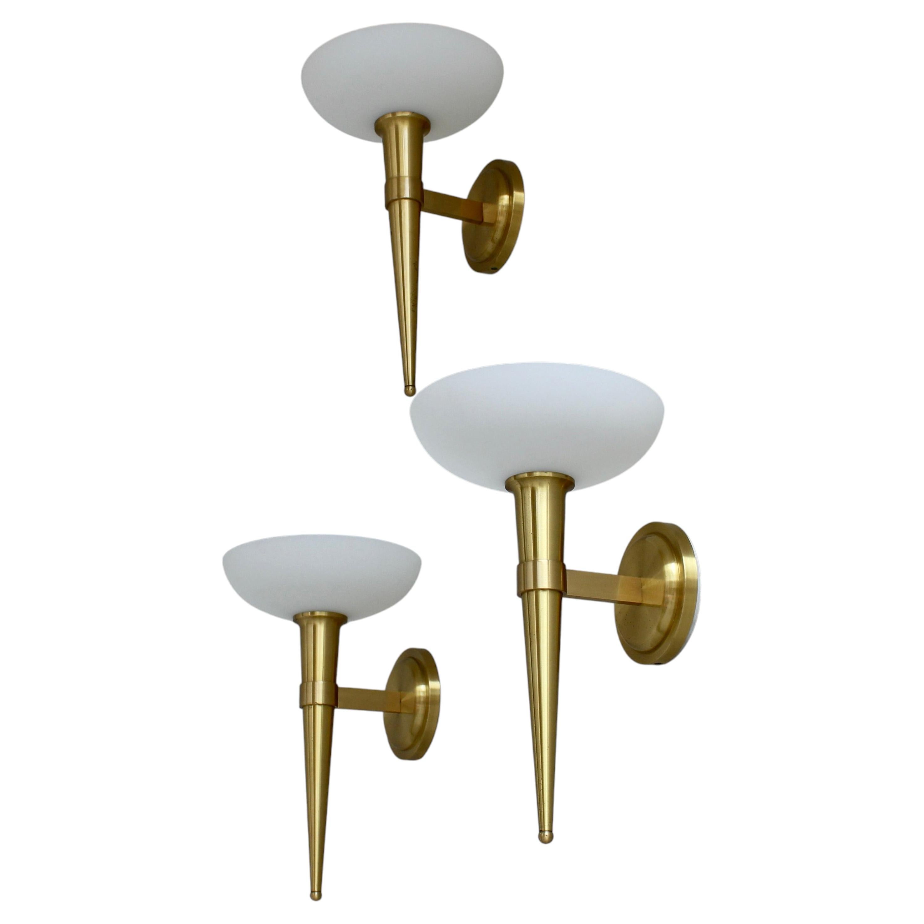 3 Fine French 1950s Glass and Bronze "Torch" Sconces by Atelier Perzel For Sale