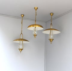 3 Fine French Hanging Bronze and "Craquelé" Glass Lanterns by Jean Perzel