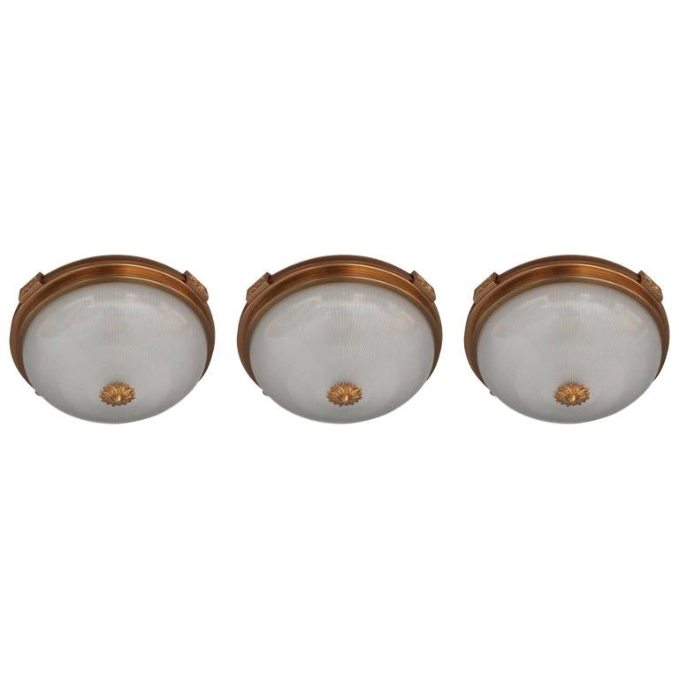 3 Fine French Neoclassical Brass Flush Mounts with Fluted Glass Shades For Sale