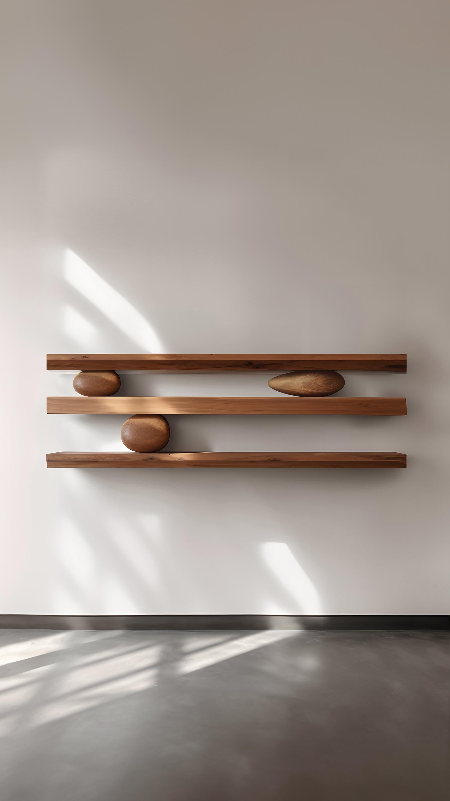 Mid-Century Modern 3 Floating Shelves with 3 Sculptural Wooden Pebble Accents, Sereno by Nono For Sale
