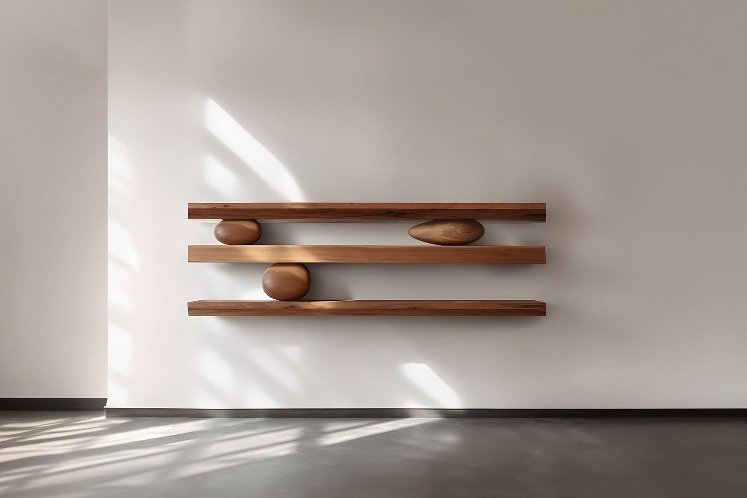 3 schwebende Regale mit 3 skulpturalen Holz- Kieselstein-Akzenten, Sereno von NONO (Moderne der Mitte des Jahrhunderts) im Angebot