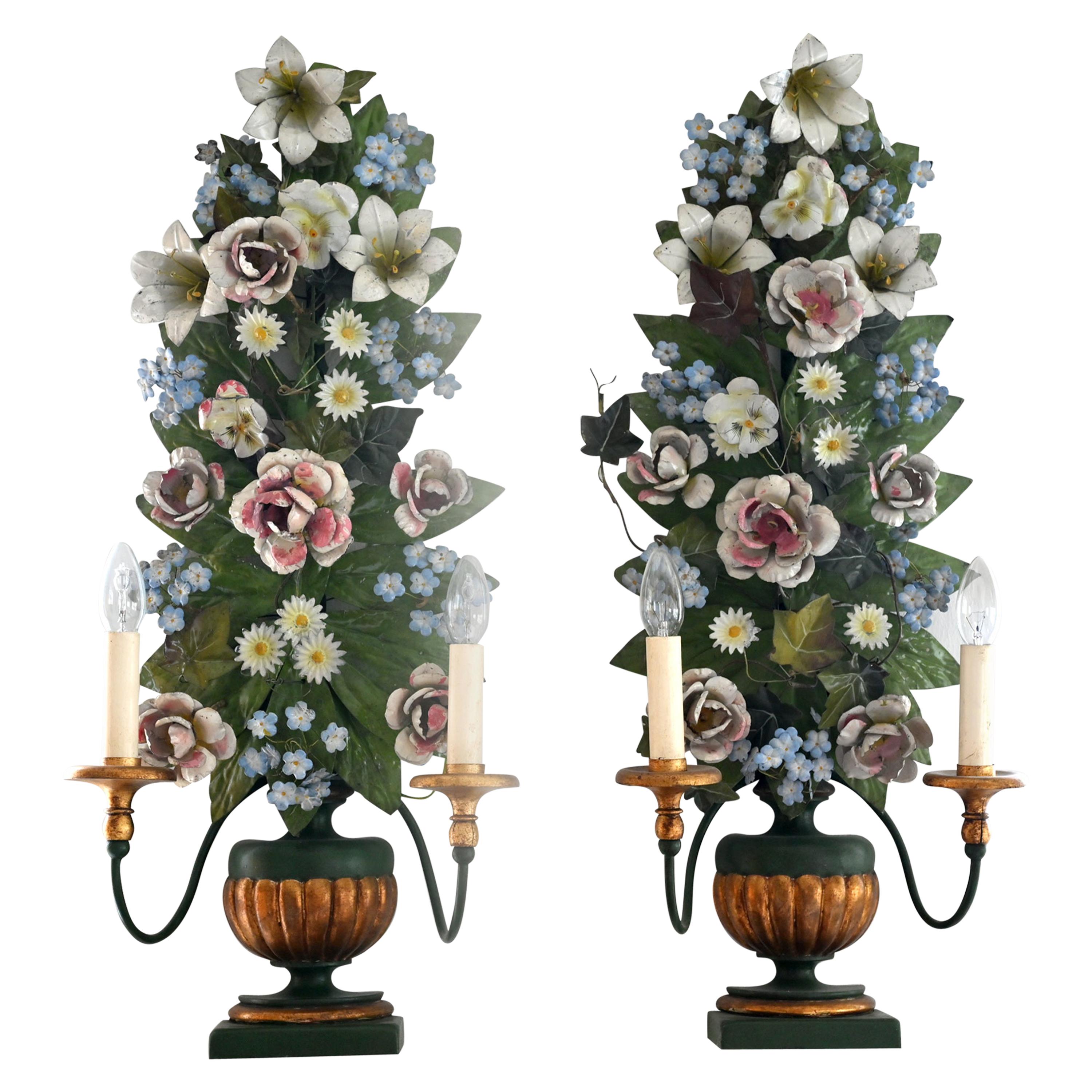 3 Flower Lamps 19th Century South German, Electrified, Baroque, Sheet Metal