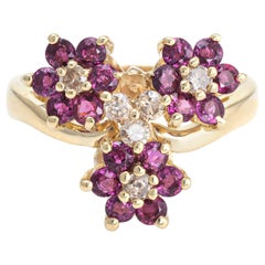 3 Flower Ring Ruby Diamond Vintage 14 Karat Yellow Gold Estate Fine Jewelry