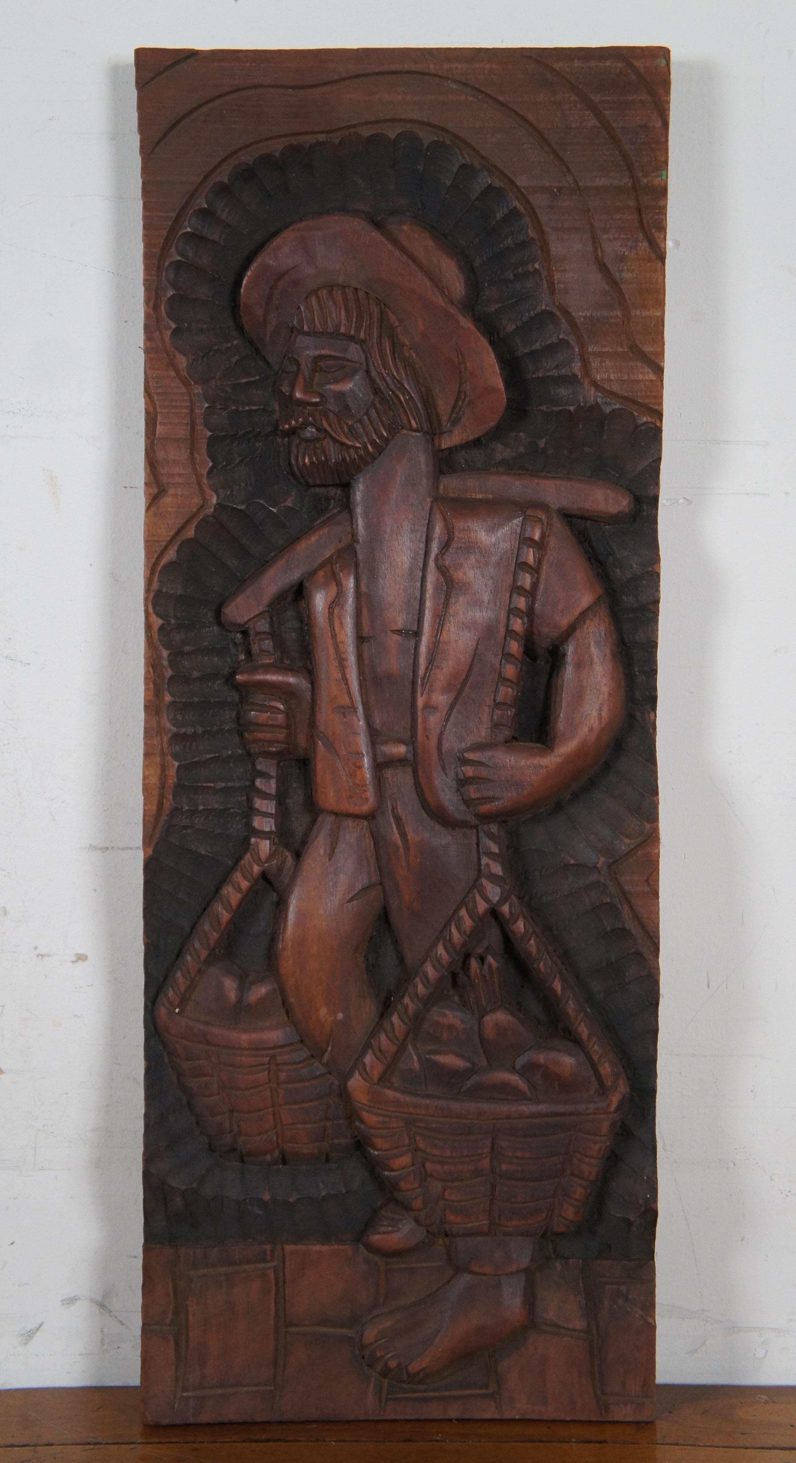 20th Century 3 Folk Art Carved Mahogany Low Relief Fishermen Farmer Sailboat Wall Plaques For Sale