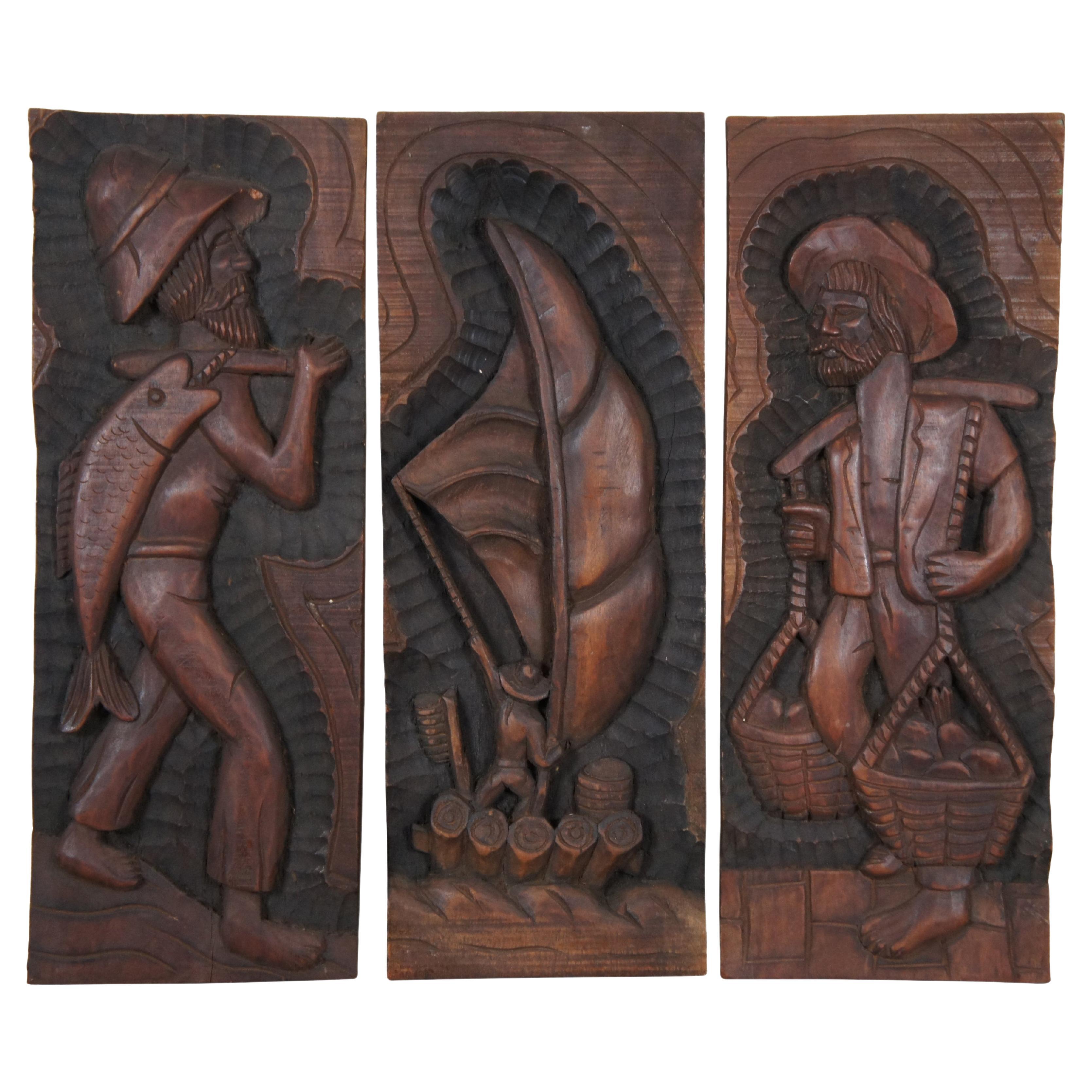 3 geschnitzte Mahagoni-Wandtafeln, Volkskunst, niedriges Relief, Fischer, Bauer, Segelboot, 24"