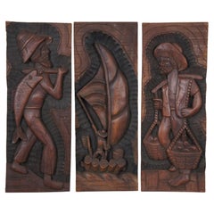 3 Folk Art Carved Mahogany Low Relief Fishermen Farmer Sailboat Wall Plaques