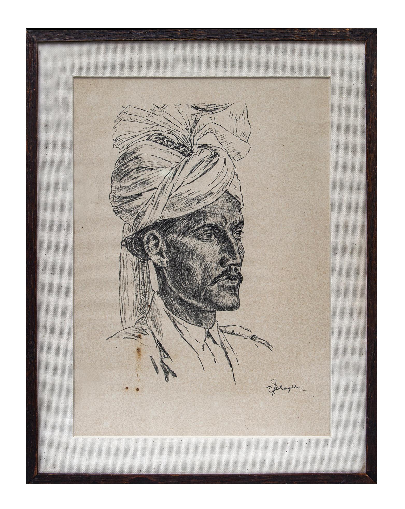 3 framed & signed pencil drawings of Indian gentlemen in regional dress, 19th C In Good Condition For Sale In London, GB