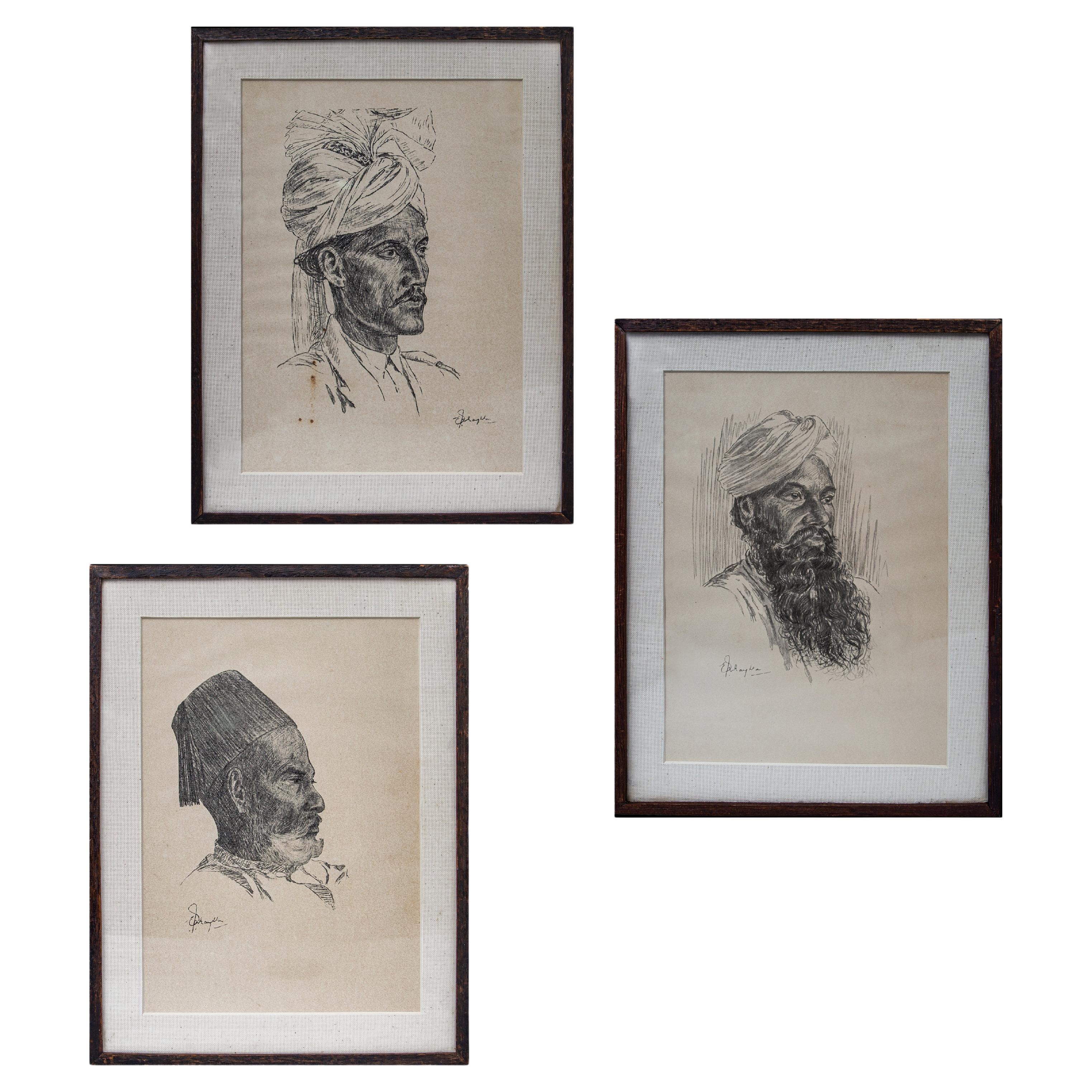 3 framed & signed pencil drawings of Indian gentlemen in regional dress, 19th C For Sale