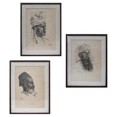 3 dessins d'hommes indiens encadrés et signés au crayon, style régional, 19e siècle