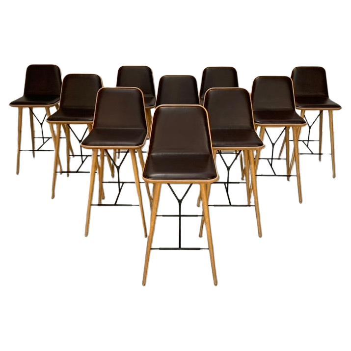 3 Tabourets de comptoir Fredericia "Spine" - En cuir Brown et Oak Oak en vente