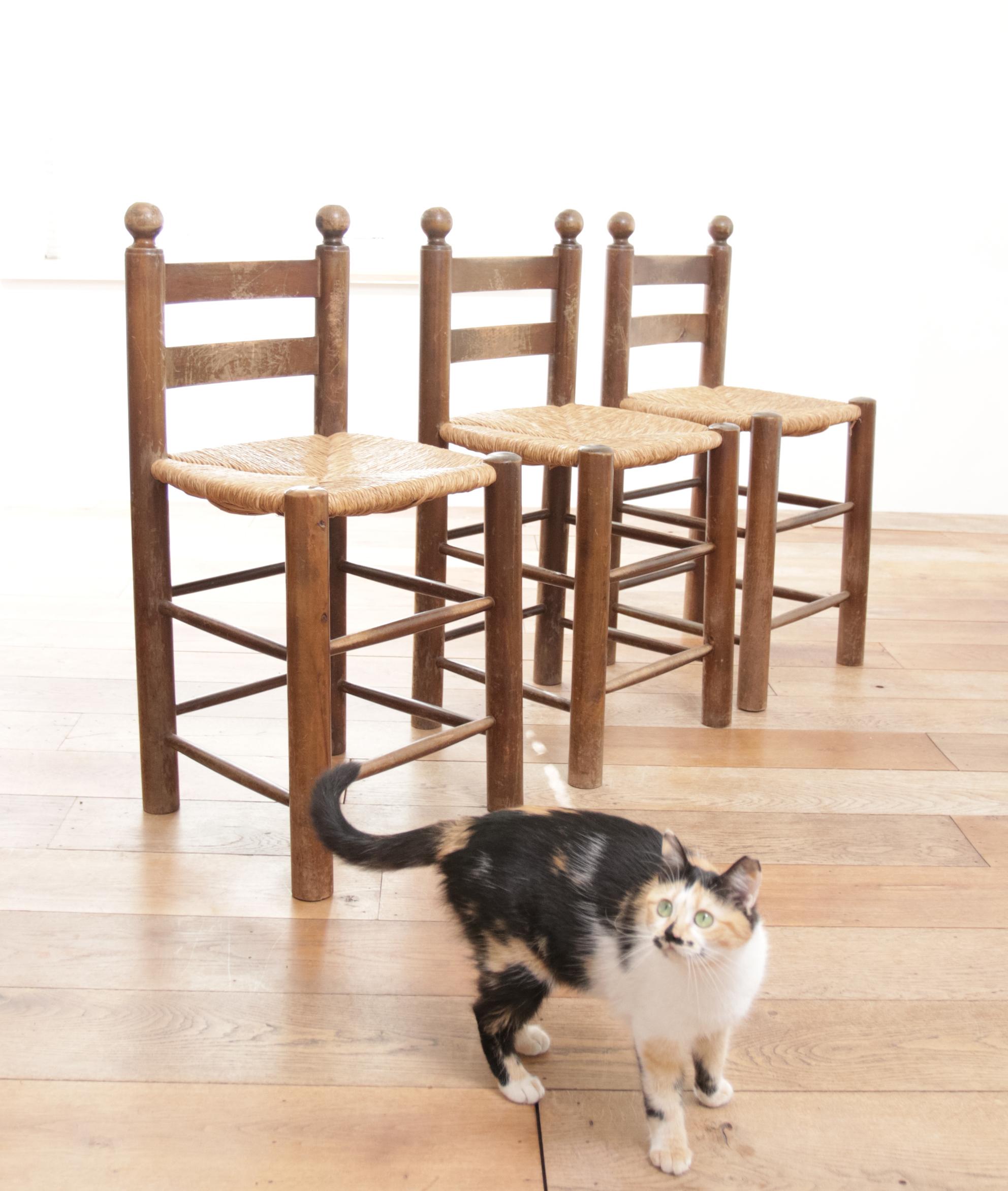 3 French Ladder Back Oak Rush Seat Dining Chairs For Sale 10
