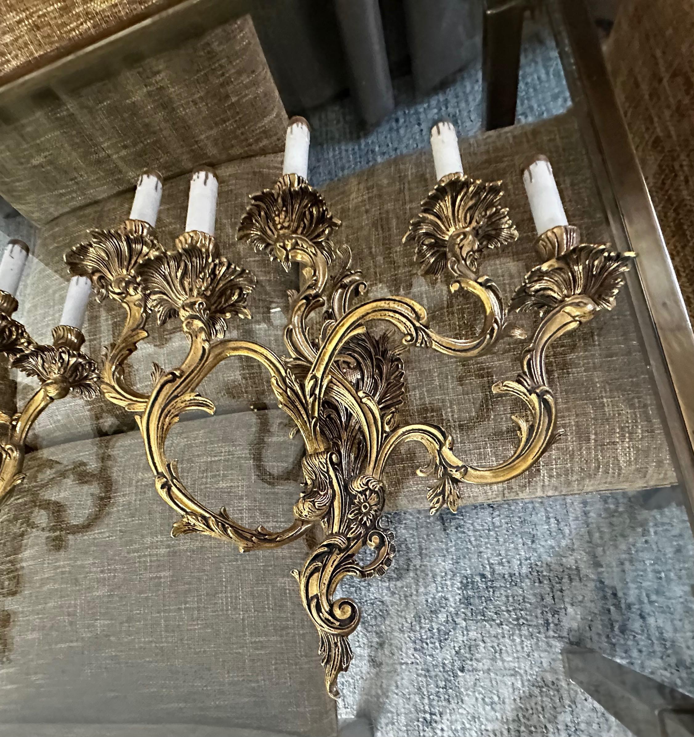 Mid-20th Century Set 3 French Louis XV Style 5 Light Wall Sconces For Sale