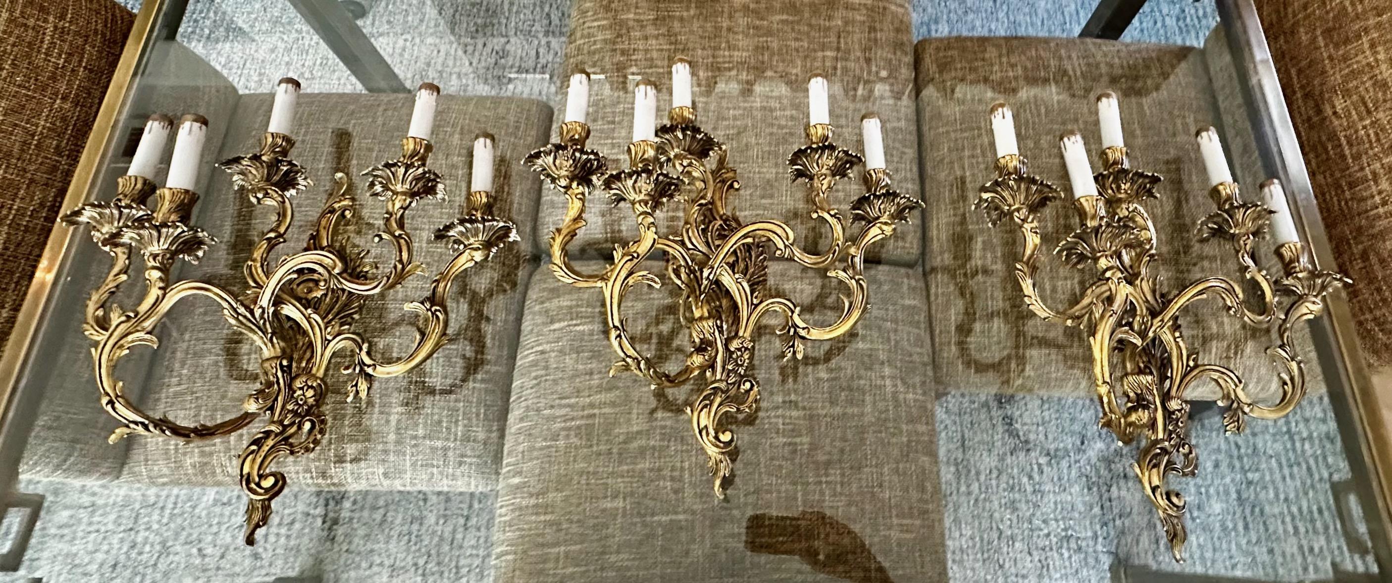 Brass Set 3 French Louis XV Style 5 Light Wall Sconces For Sale